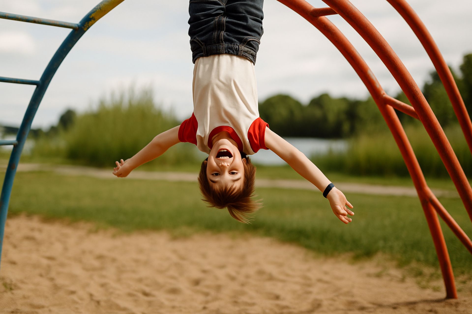 کودک در پارک به طور وارونه از اسباب بازی آویزان شده است