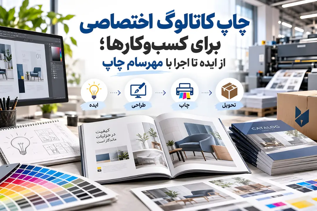 کاتالوگ‌های چاپی و ابزارهای طراحی گرافیک روی میز کار در محیط چاپخانه