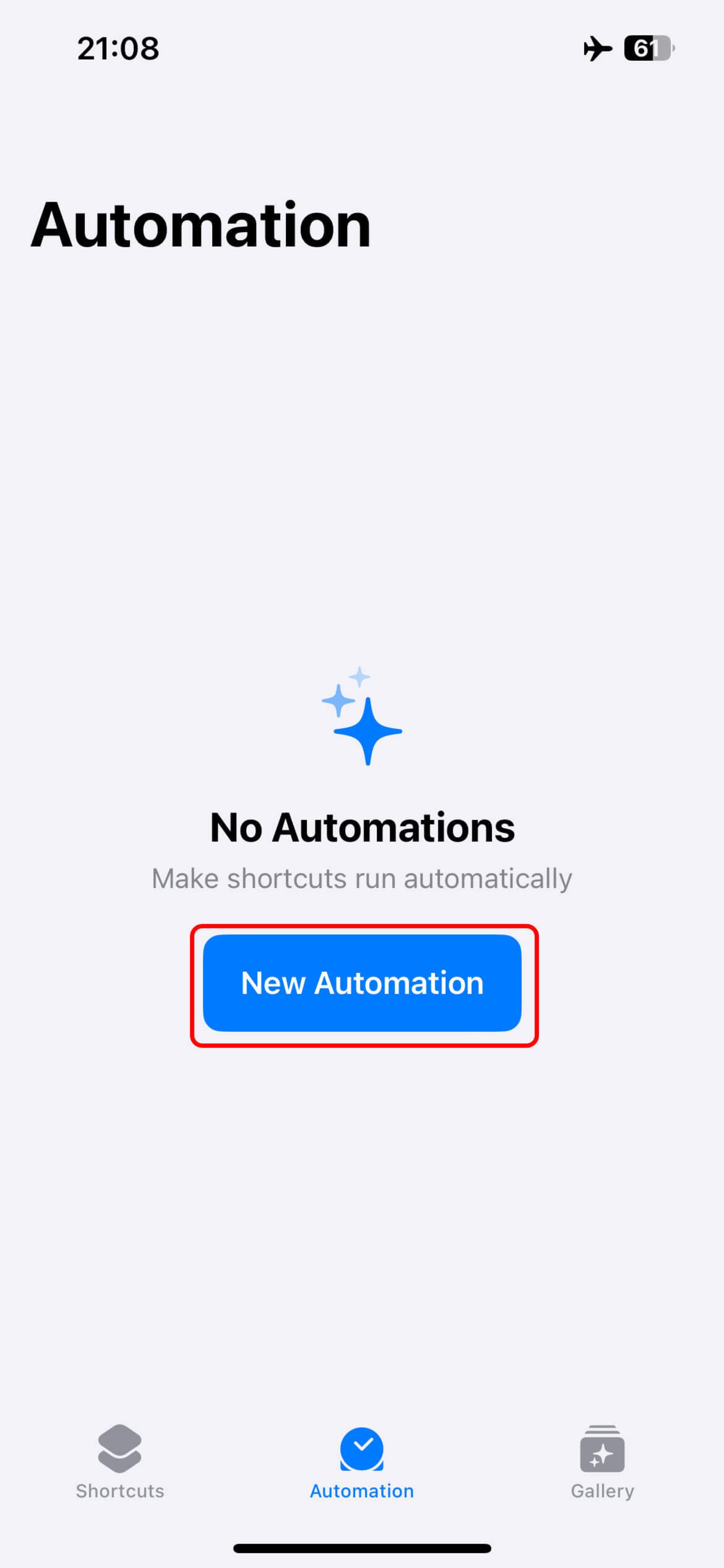 باز شدن اپلیکیشن شورتکات و انتخاب New Automation