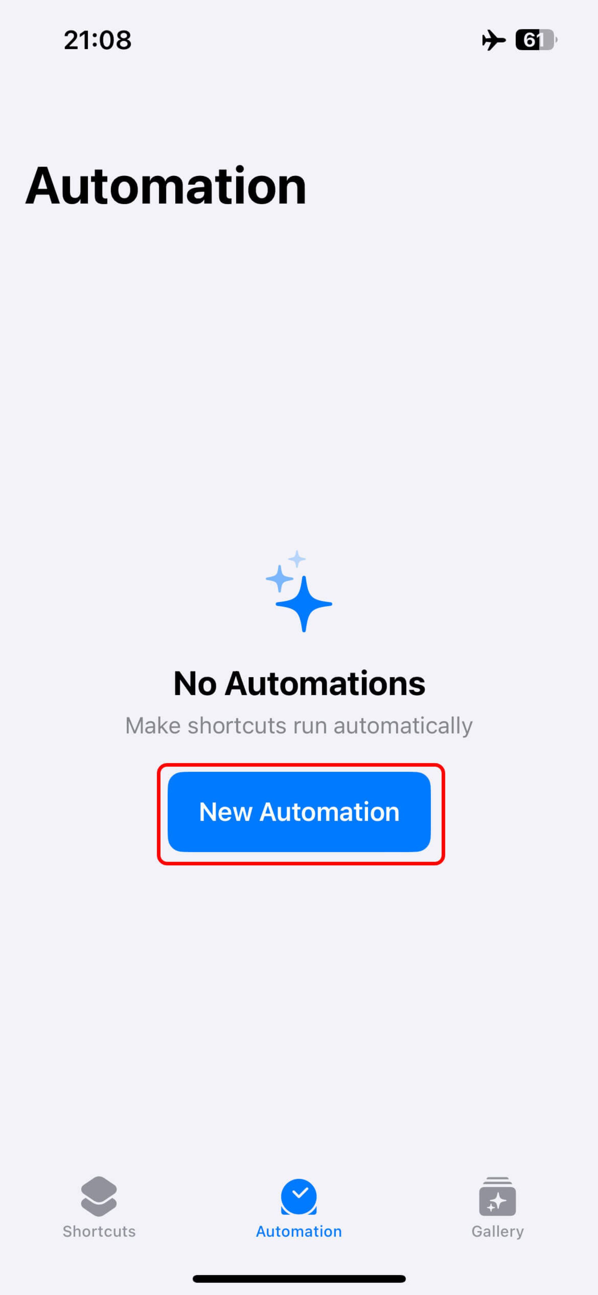 باز شدن اپلیکیشن شورتکات و انتخاب New Automation