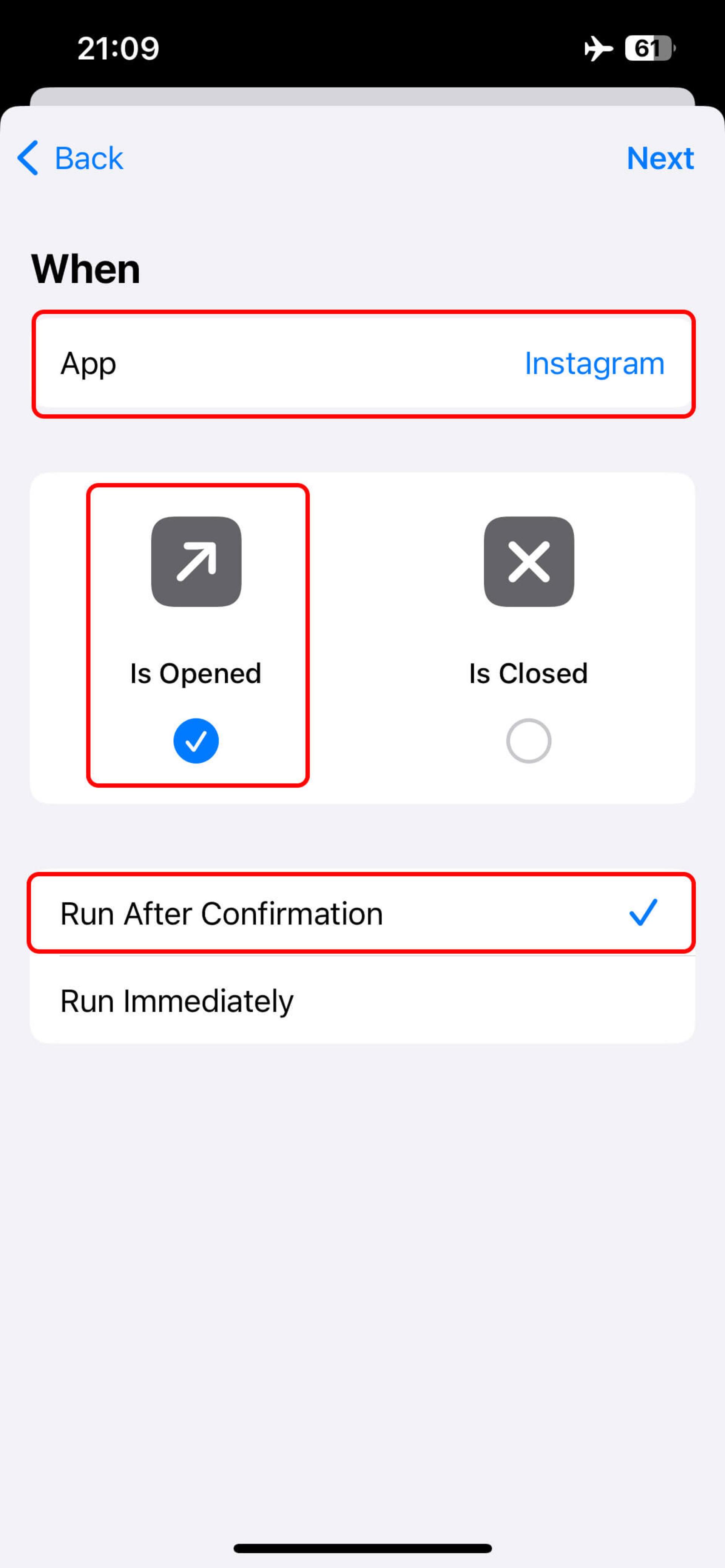 انتخاب اپلیکیشن اینستاگرام و Is Opened و Run After Confirmation