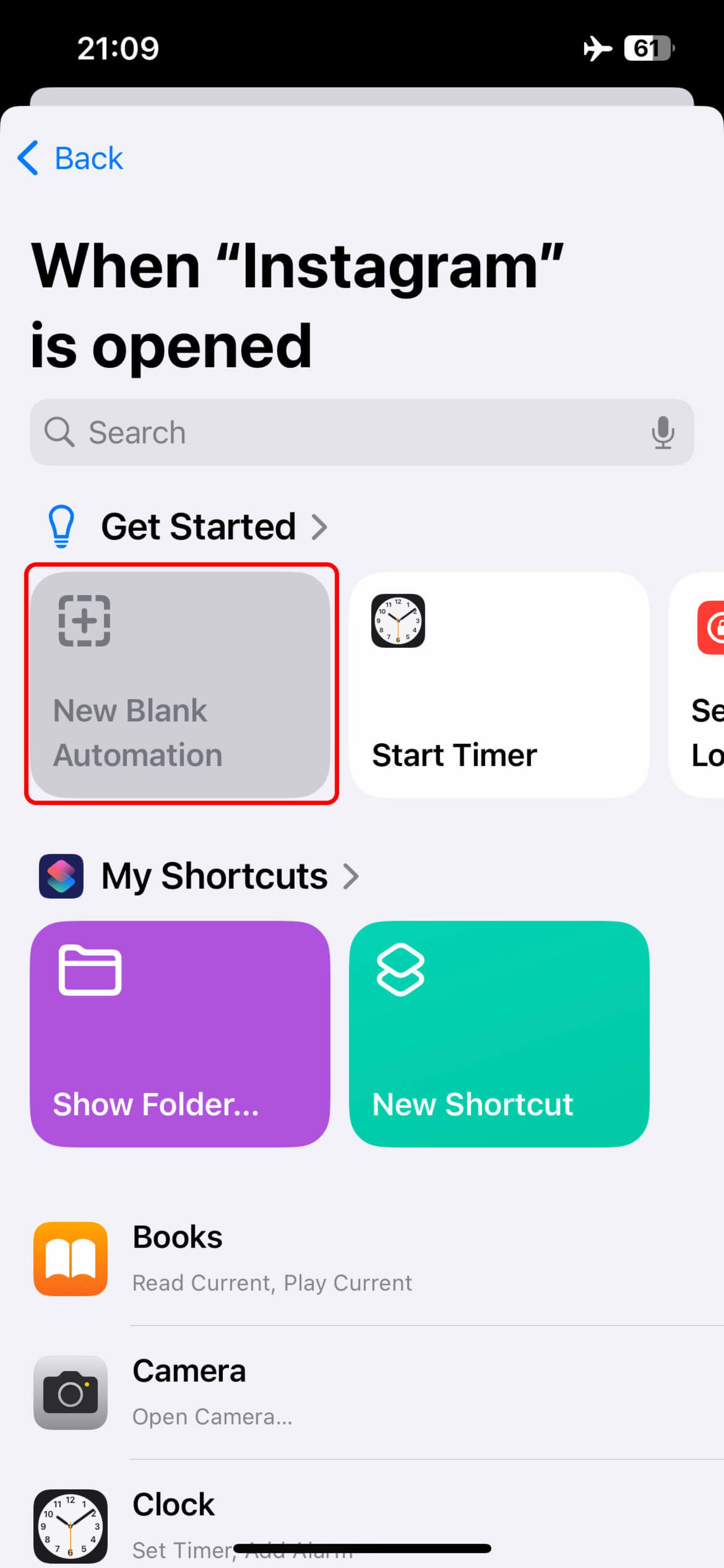 نمایی از اپلیکیشن شورتکات و انتخاب New Blank Automation