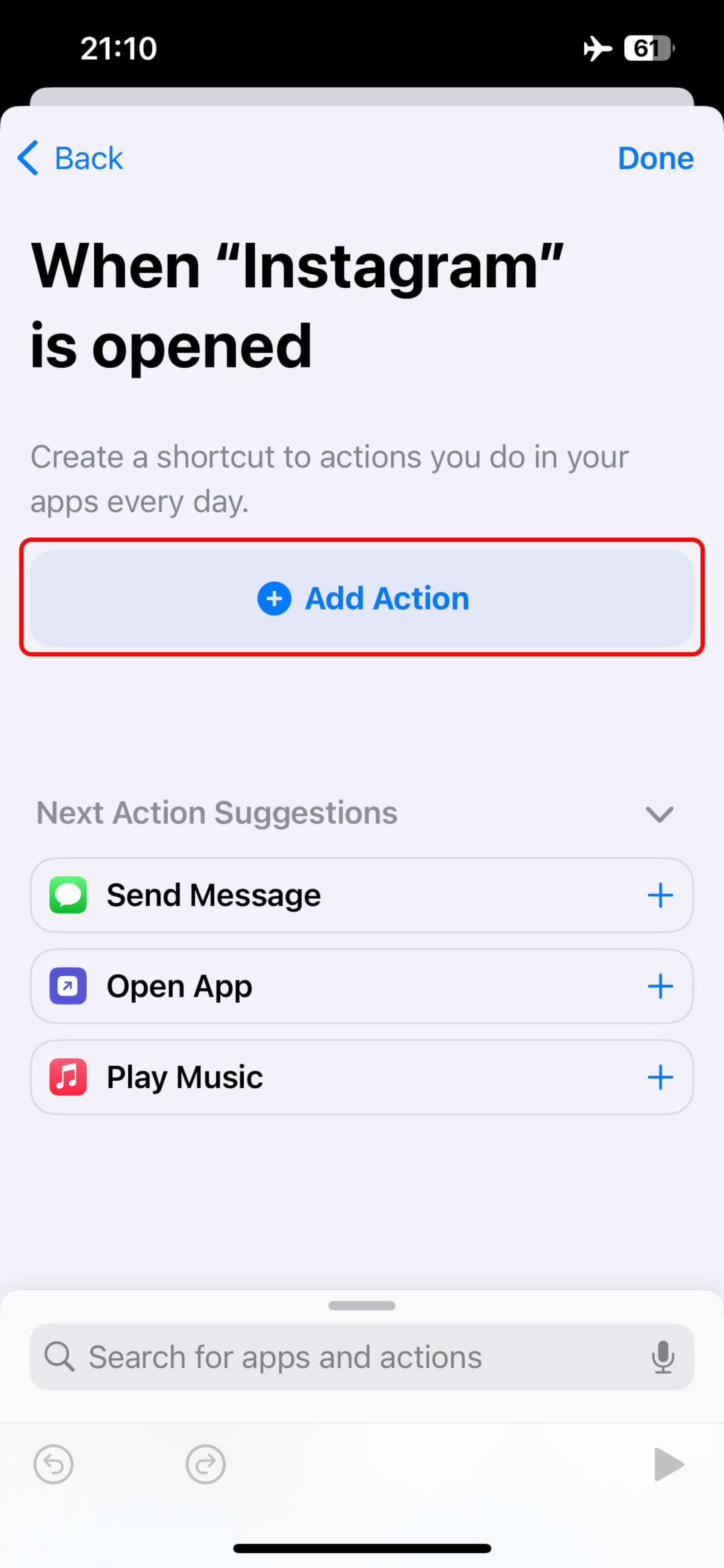 انتخاب Add Action اپلیکیشن شورتکات