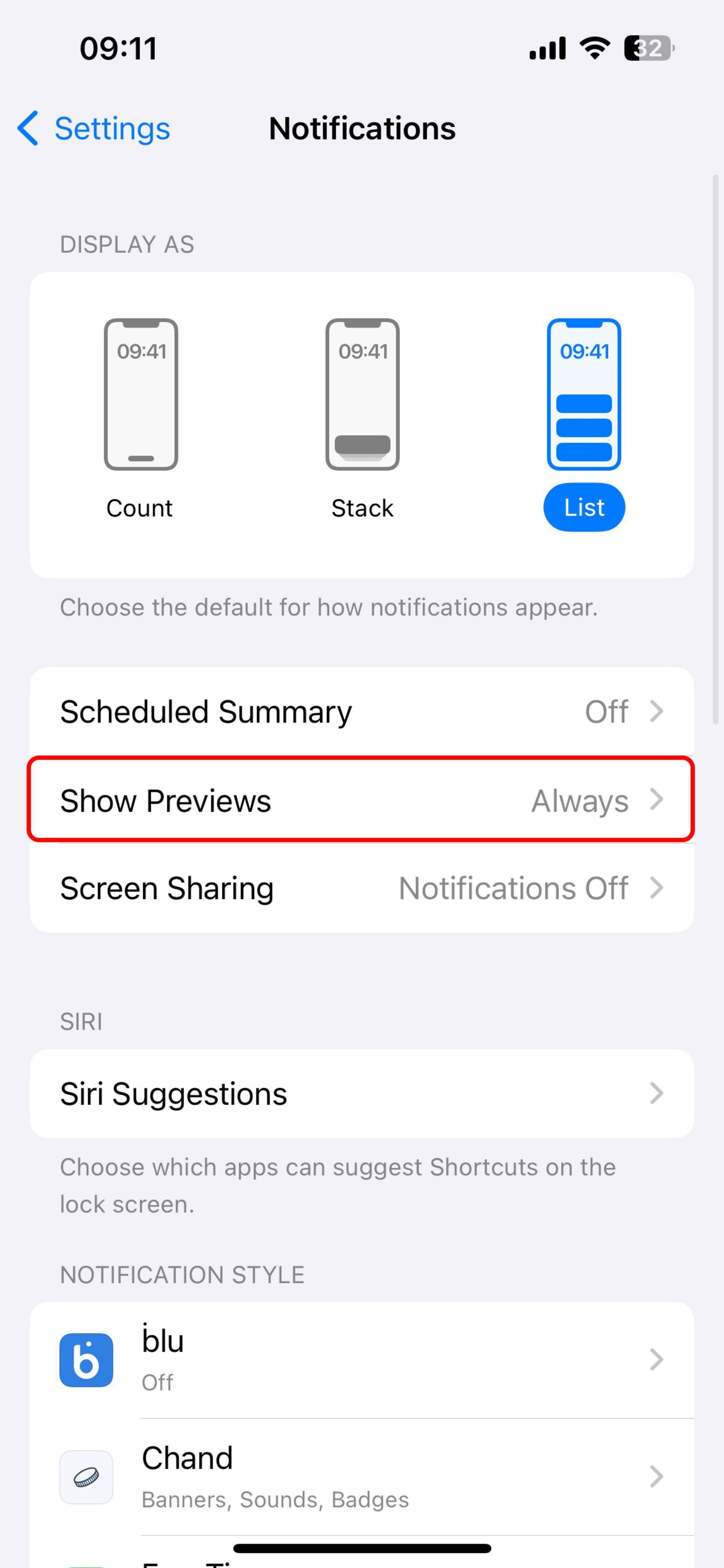 بخشی از مرحله غیر فعال کردن نوتیفیکیشن آیفون