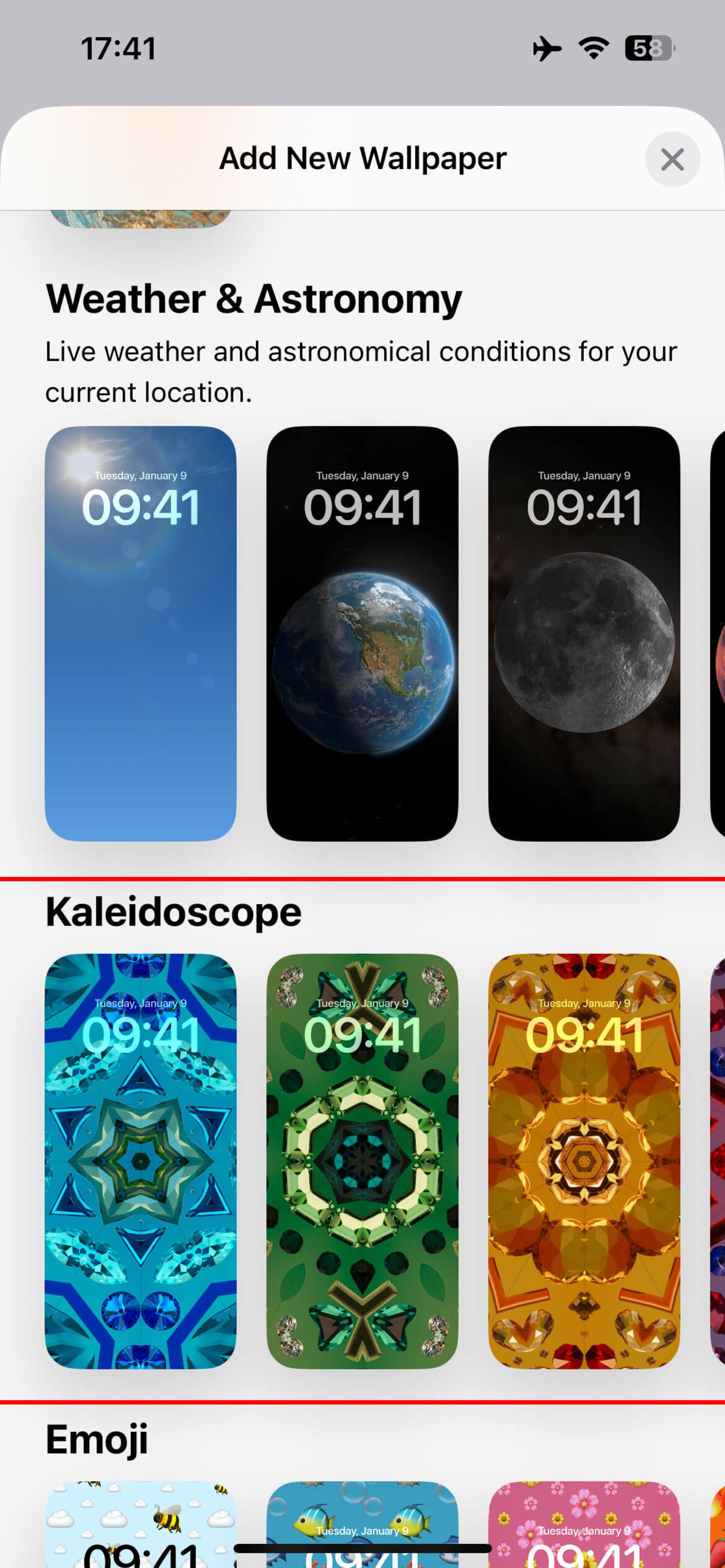صفحه Add new wallpaper آیفون و انتخاب تصاویر بخش Kaleidoscope
