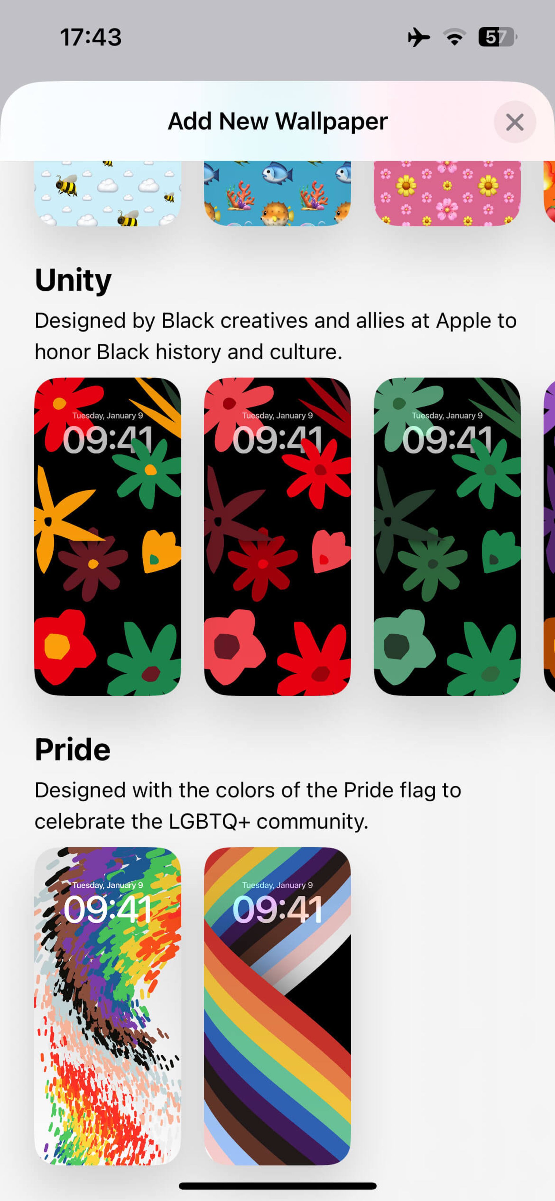 صفحه Add new wallpaper آیفون و قسمت Unity و Pride