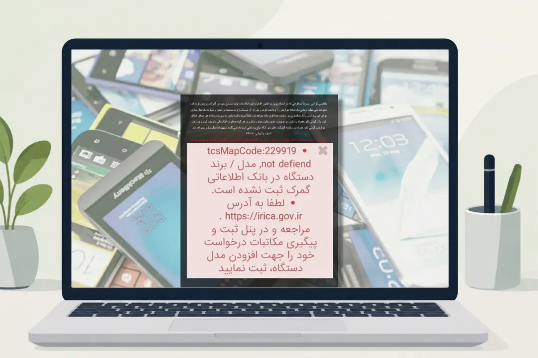 پیام خطای عدم ثبت مدل و برند دستگاه در بانک اطلاعاتی گمرک