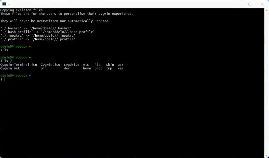 ترمینال محیط Cygwin (Cygwin) در حال کپی کردن فایل‌های اسکلتون
