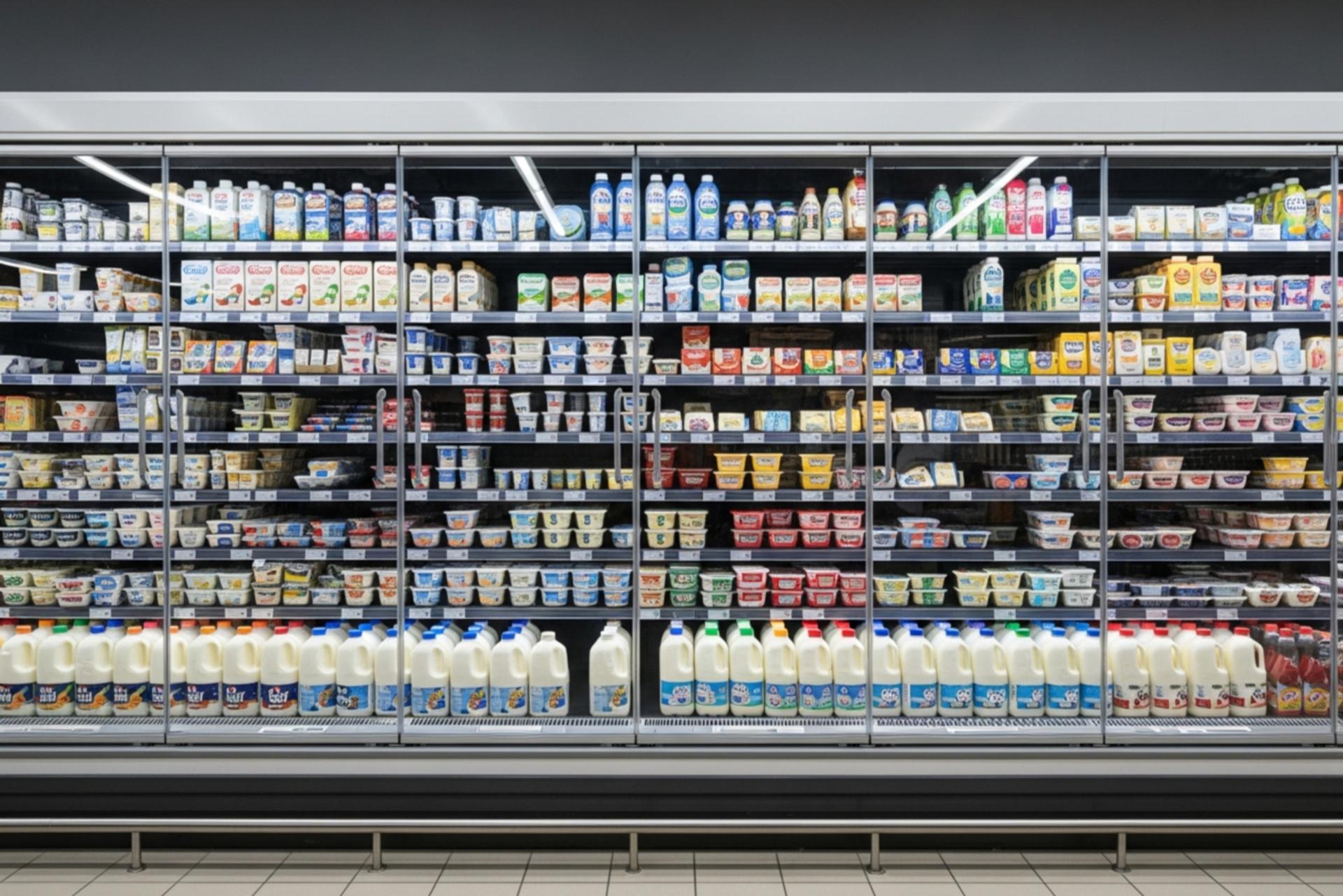 قفسه لبنیات بدون مشتری در یک فروشگاه