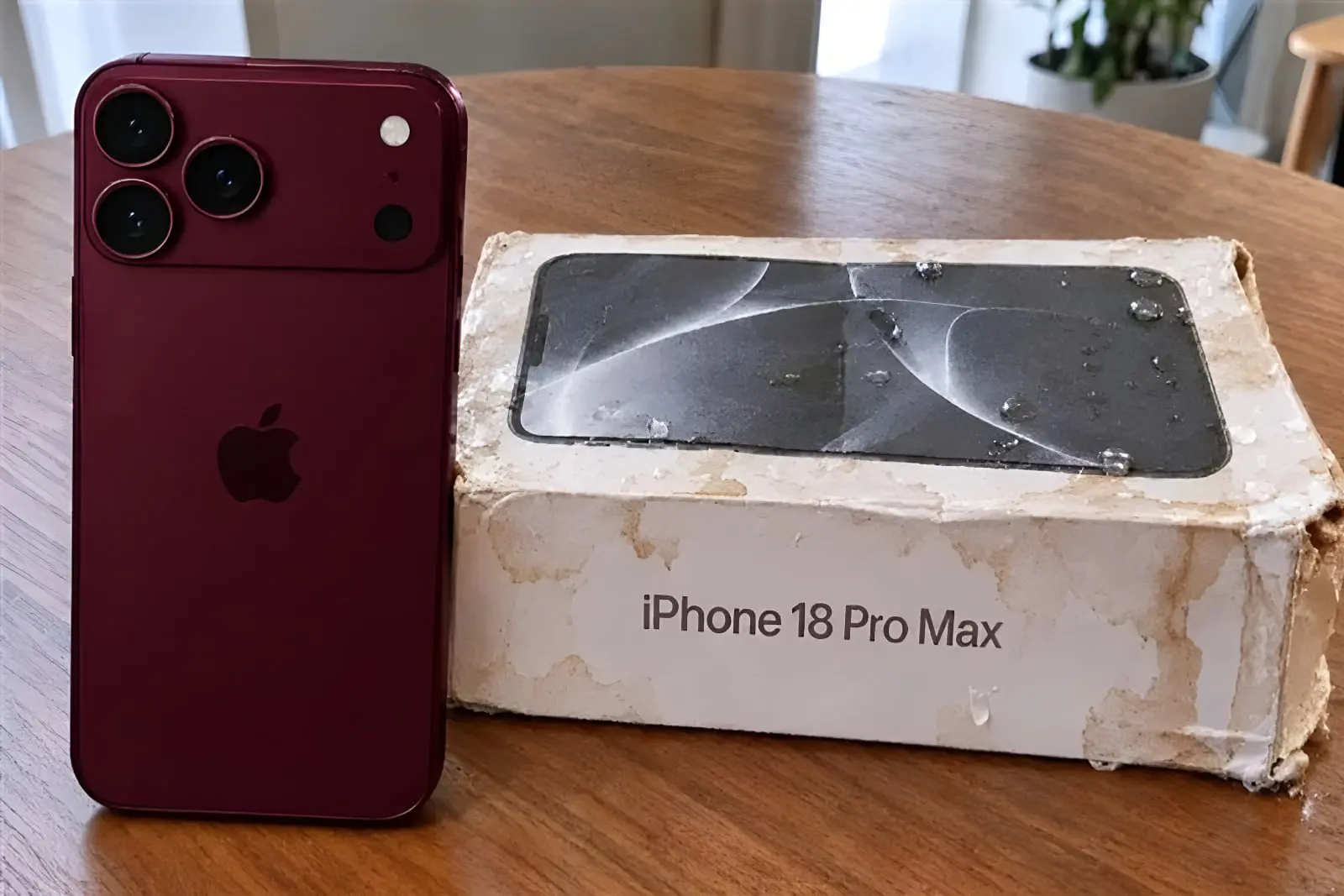 گوشی قرمز رنگ آیفون ۱۸ پرو مکس (iPhone 18 Pro Max) در کنار جعبه آسیب‌دیده از آب