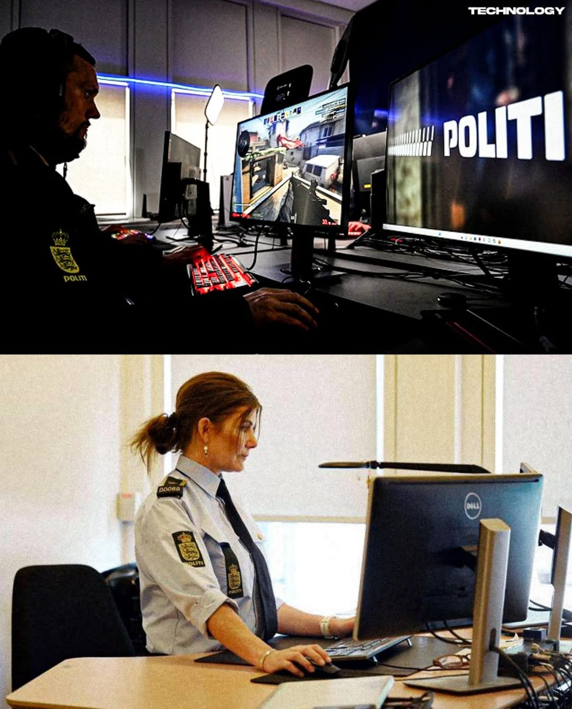 افراد جوان در لباس پلیس در حال بازی‌کردن با کامپیوتر