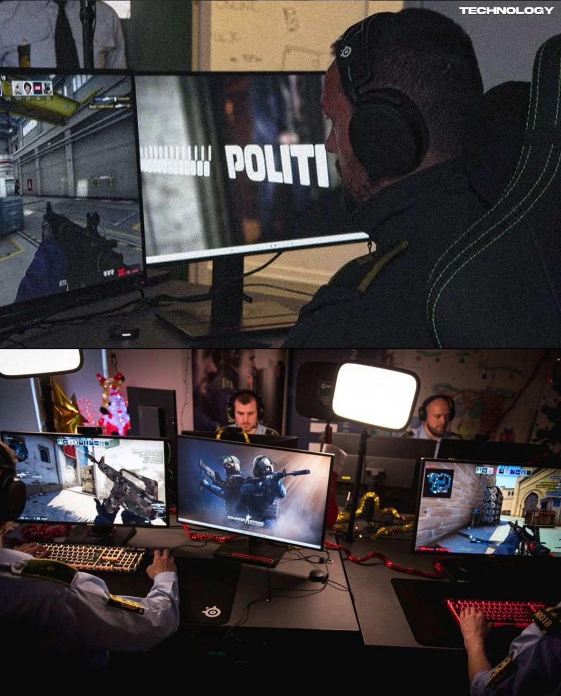 مردان جوان در لباس پلیس در حال بازی‌کردن با کامپیوتر