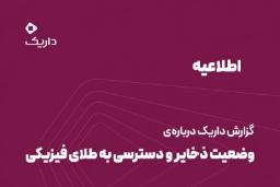 پس‌زمینه بنفش با لوگوی داریک و متن اطلاعیه وضعیت ذخایر طلا