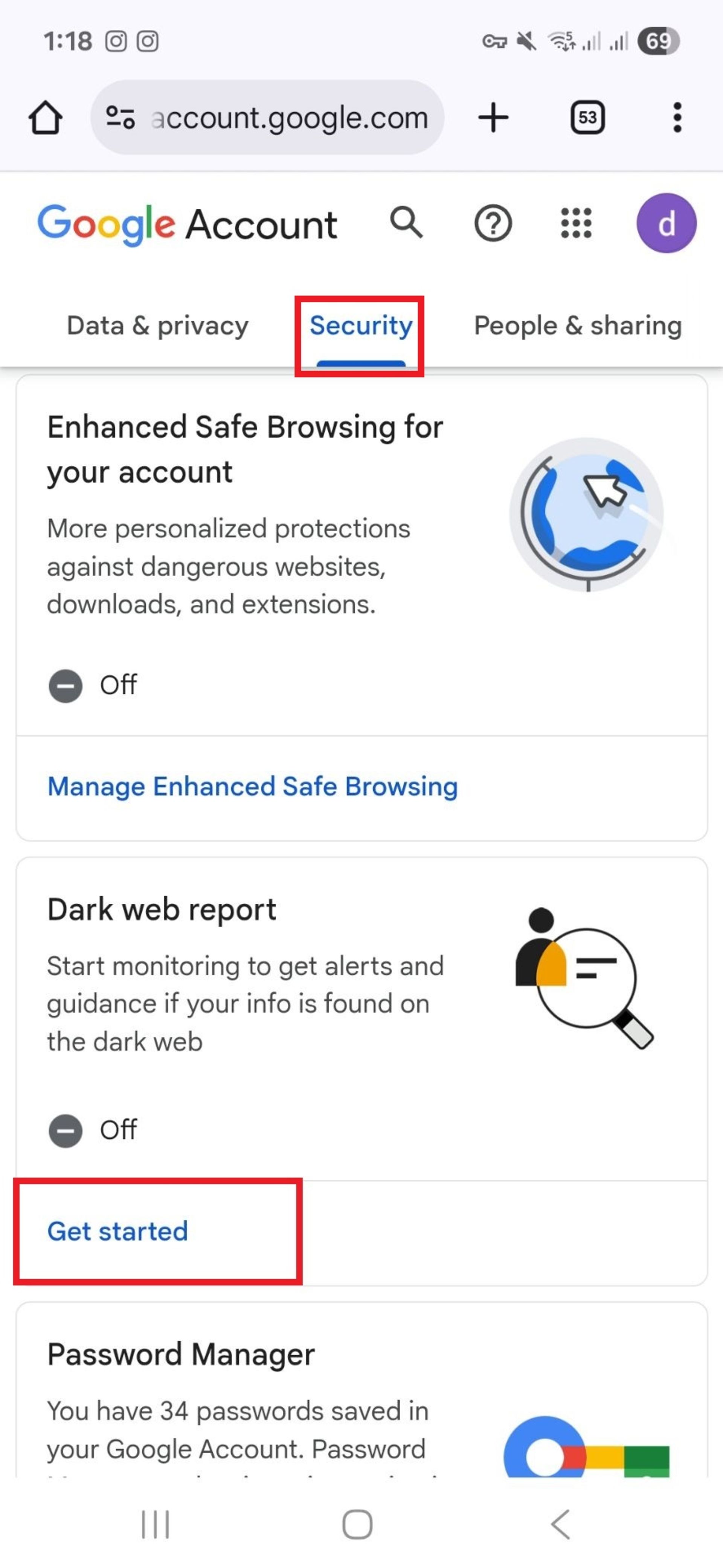 بخش security در حساب گوگل