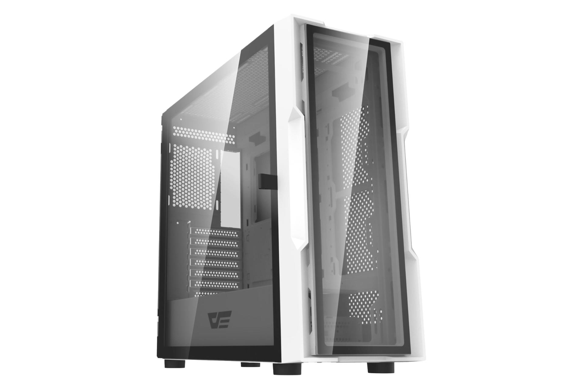 نمای نیمرخ کیس کامپیوتر دارک فلش DK431 Glass با نمایش پنل جلو و سمت چپ رنگ سفید