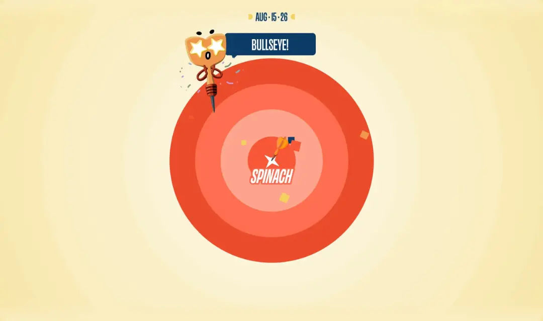 هدف‌گیری موفق در بازی Dartwords با نمایش عبارت BULLSEYE