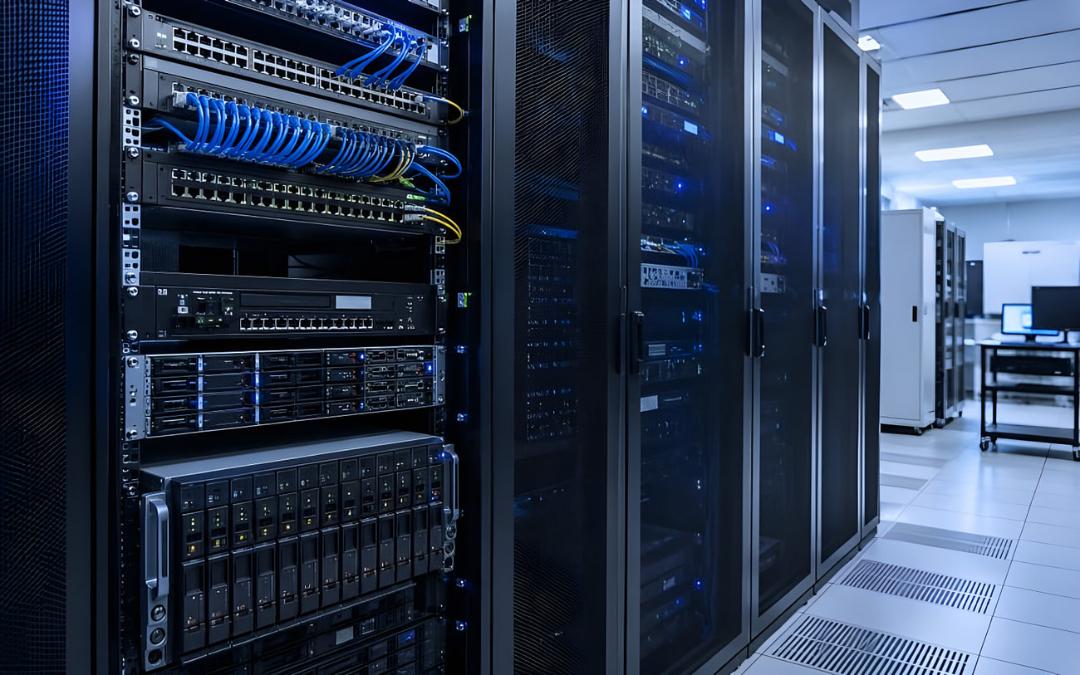 رک‌های سرور و سوئیچ‌های شبکه با کابل‌های آبی در دیتاسنتر