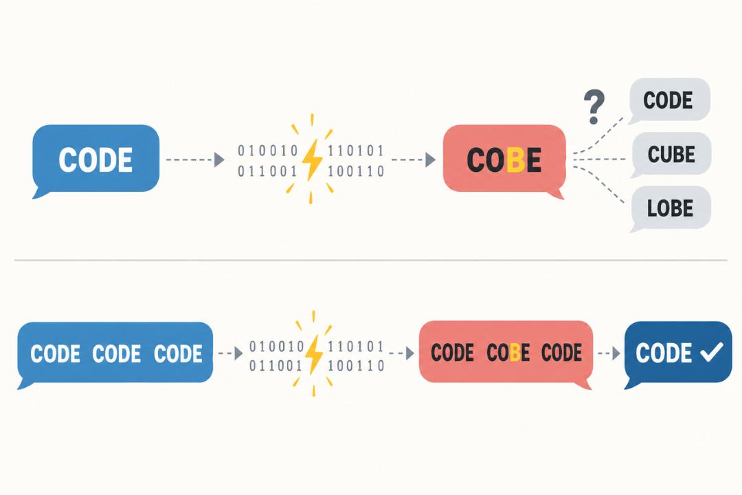 نمودار تبدیل کلمه CODE به COBE و بازگشت به حالت صحیح با استفاده از کدهای باینری