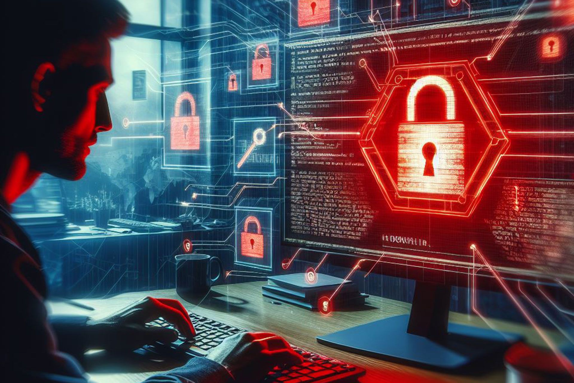 مردی در حال نگاه کردن به مانیتور و آیکون قرمز قفل روی آن
