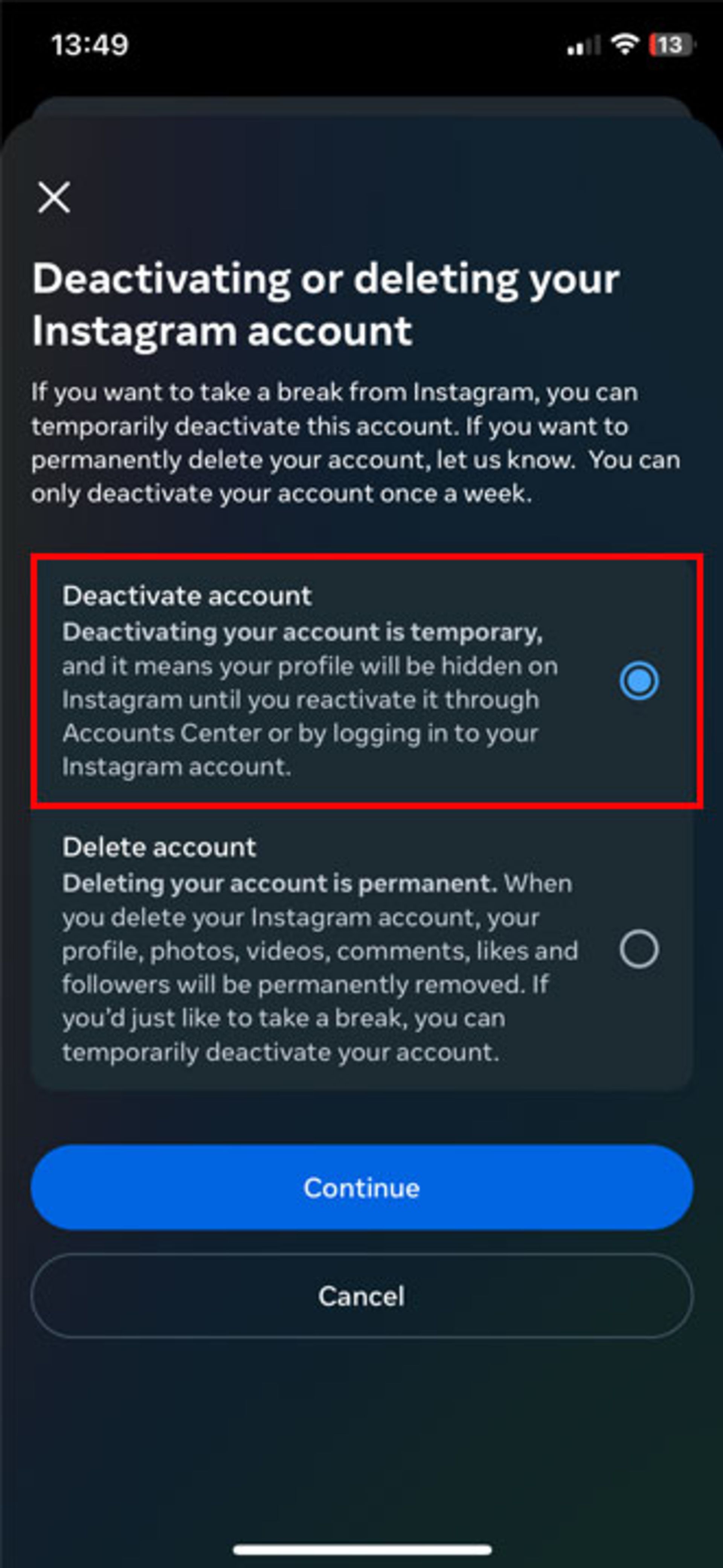 گزینه‌ی Deactivating