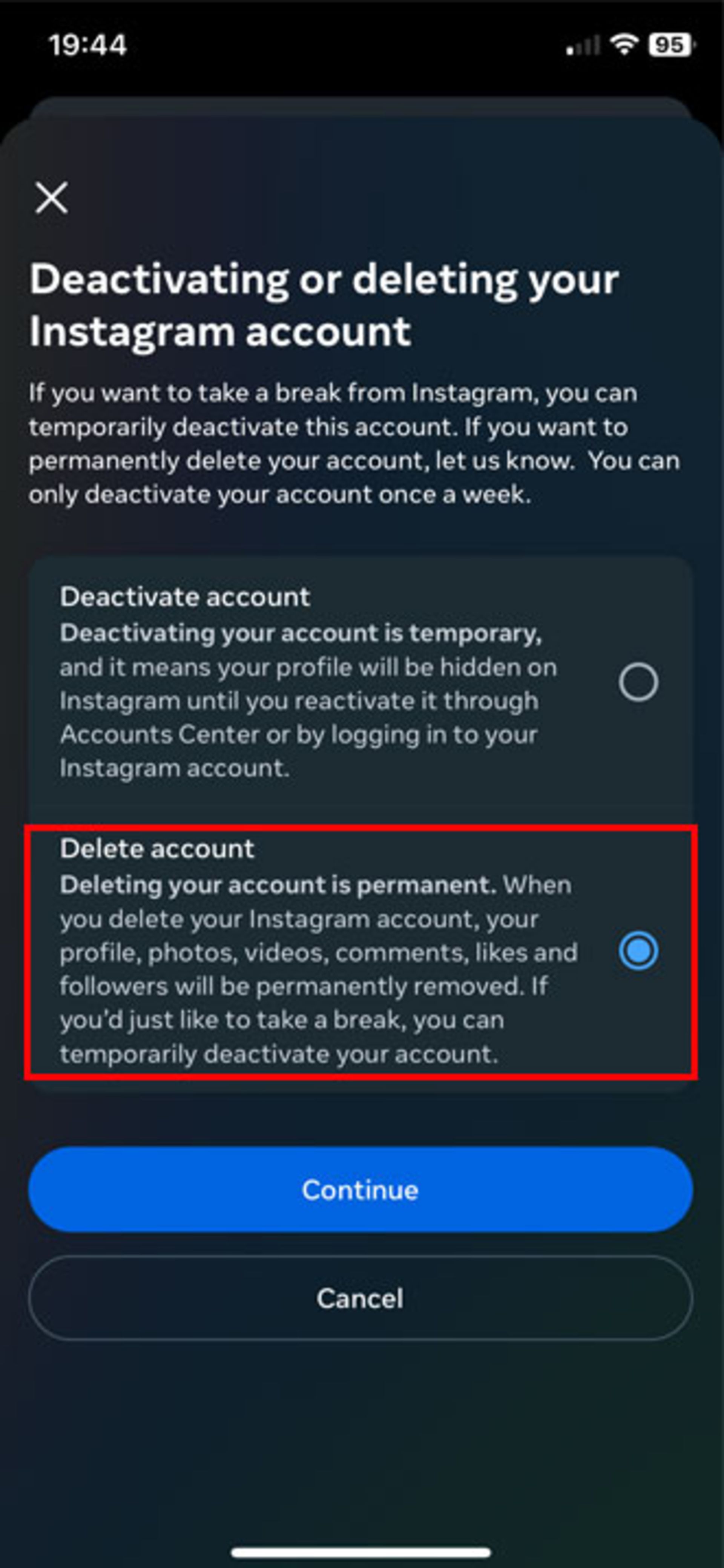 صفحه‌ی Deactivating or deleted