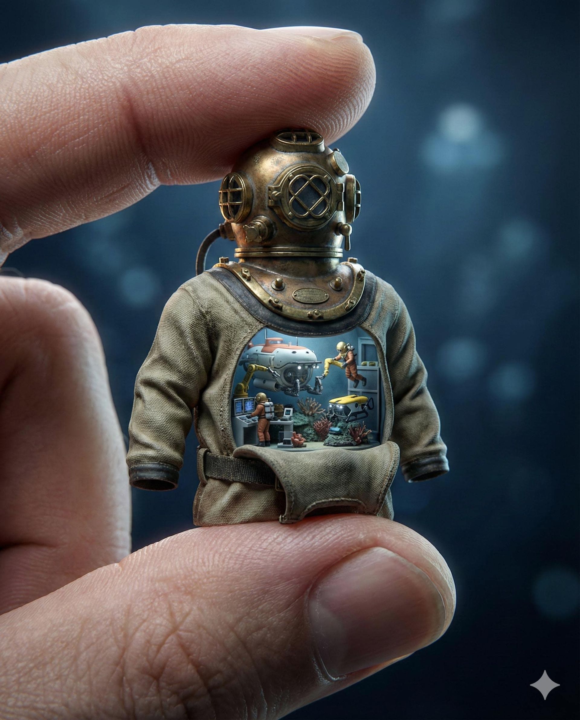 یک لباس غواصی عمق با دیورمای غواصان در حال کار 