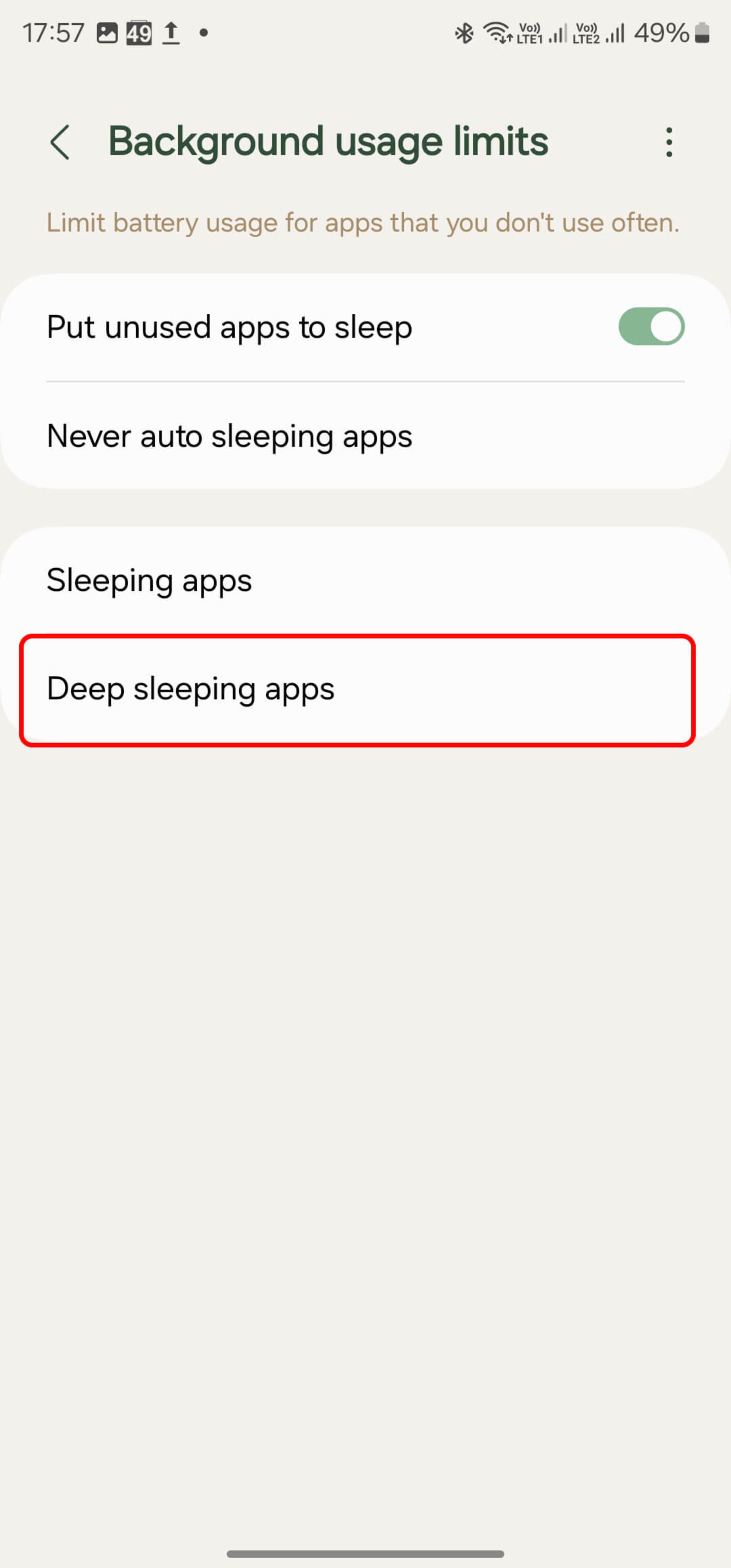 Deep sleeping apps برای افزایش عمر باتری گوشی سامسونگ