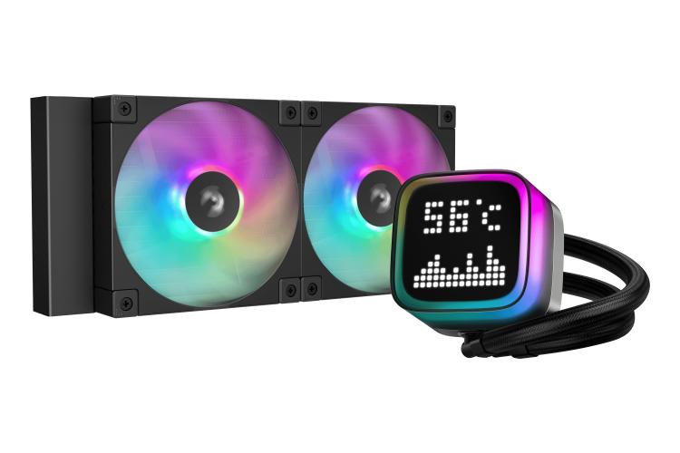 نمای کلی خنک کننده مایع دیپ کول LP240 با نمایش لوله، نمایشگر، نورپردازی فن‌ها و رادیاتور