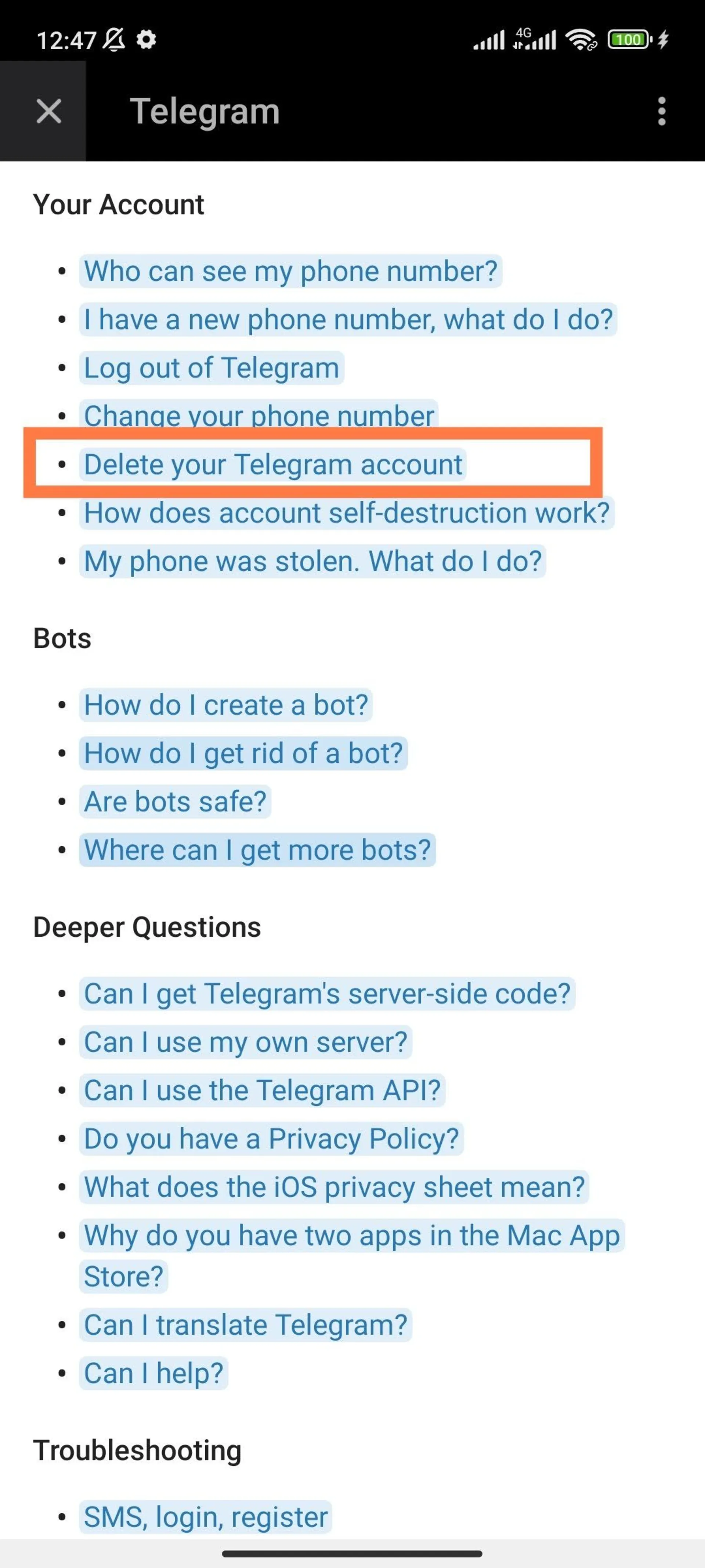 گزینه راهنمای حذف اکانت تلگرام در بخش سؤالات رایج اپلیکیشن تلگرام