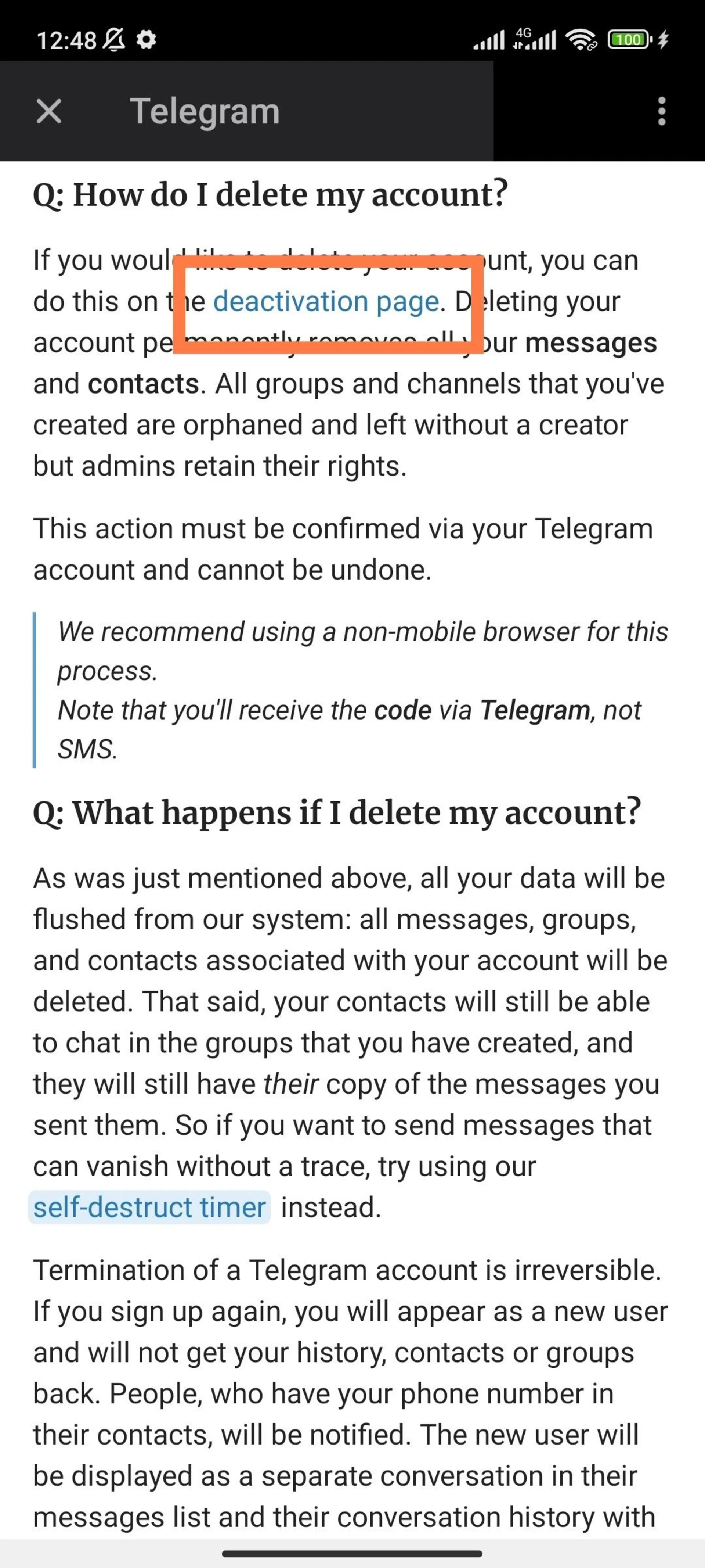 گزینه deactivation page در صفحه سؤالات رایج اپلیکیشن تلگرام
