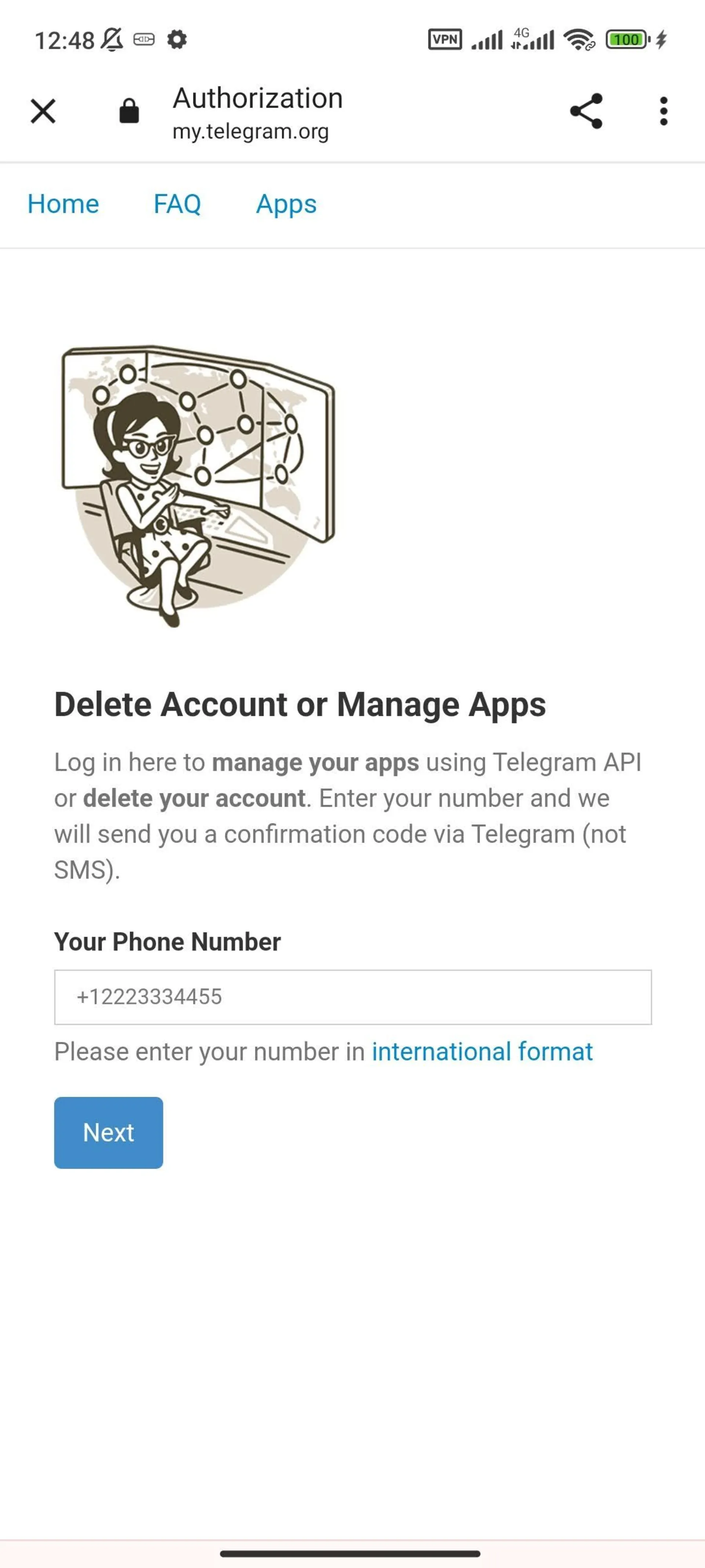 دیلیت اکانت تلگرام ازطریق اپلیکیشن مرحله ورود شماره موبایل