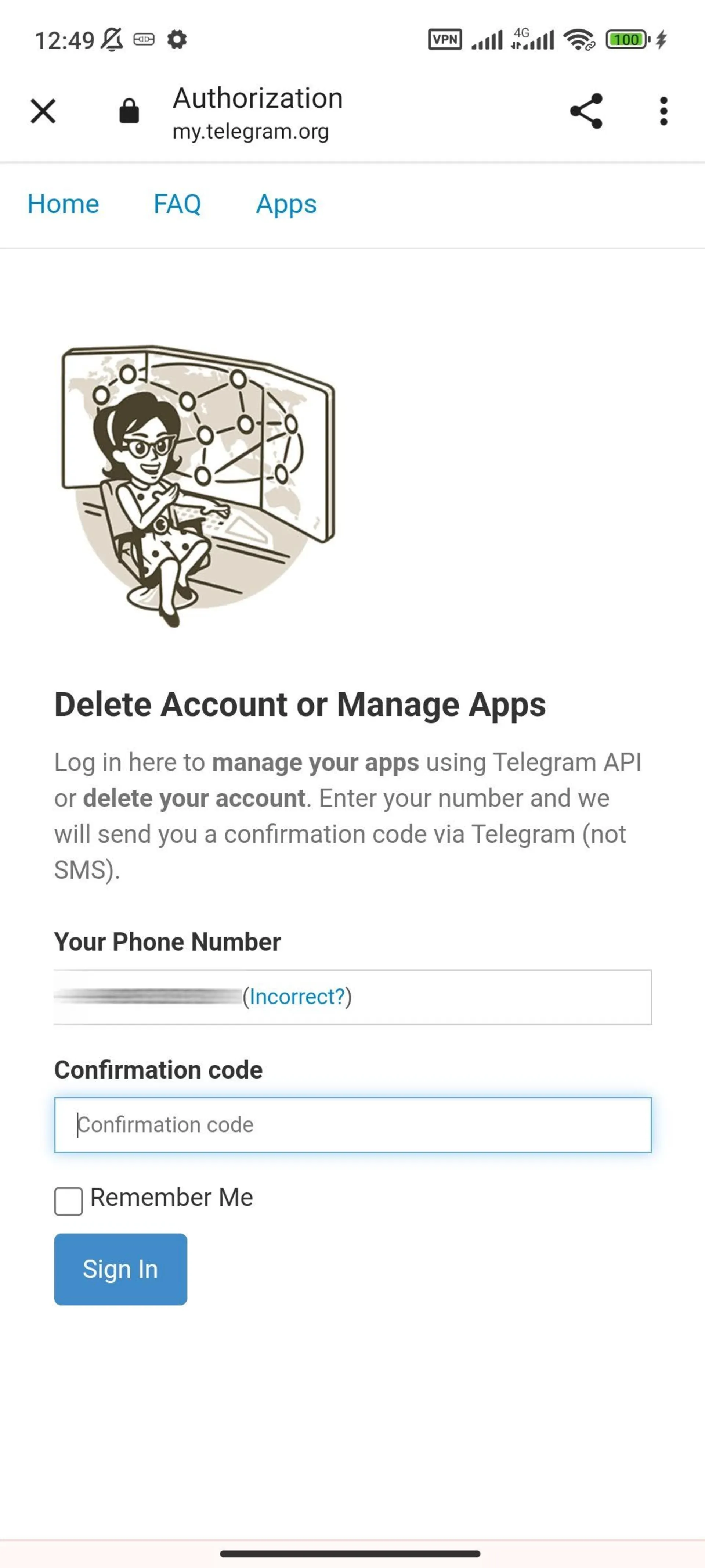 دیلیت اکانت تلگرام ازطریق اپلیکیشن مرحله ورود کد تأیید