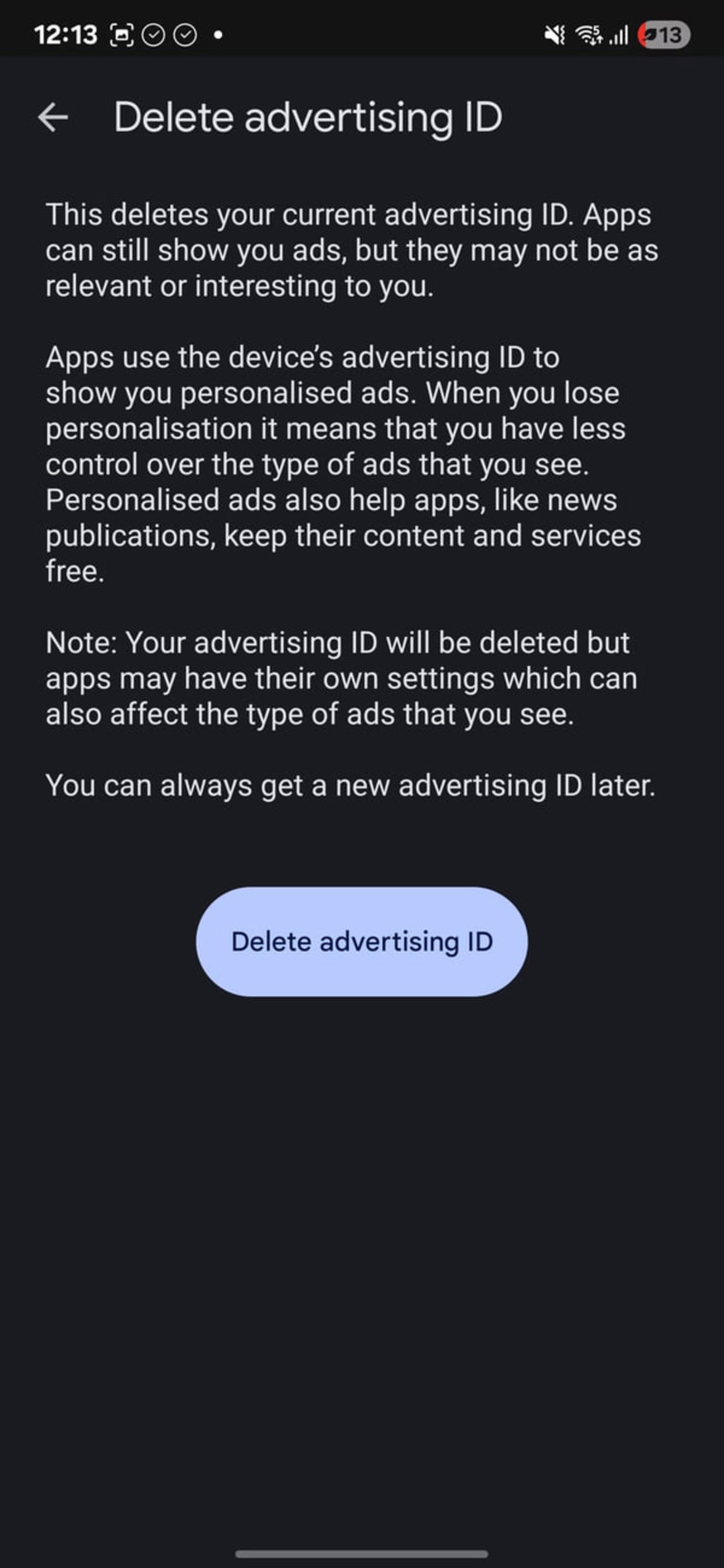 منوی حذف شناسه تبلیغاتی (Advertising ID) در تنظیمات گوگل گوشی اندرویدی