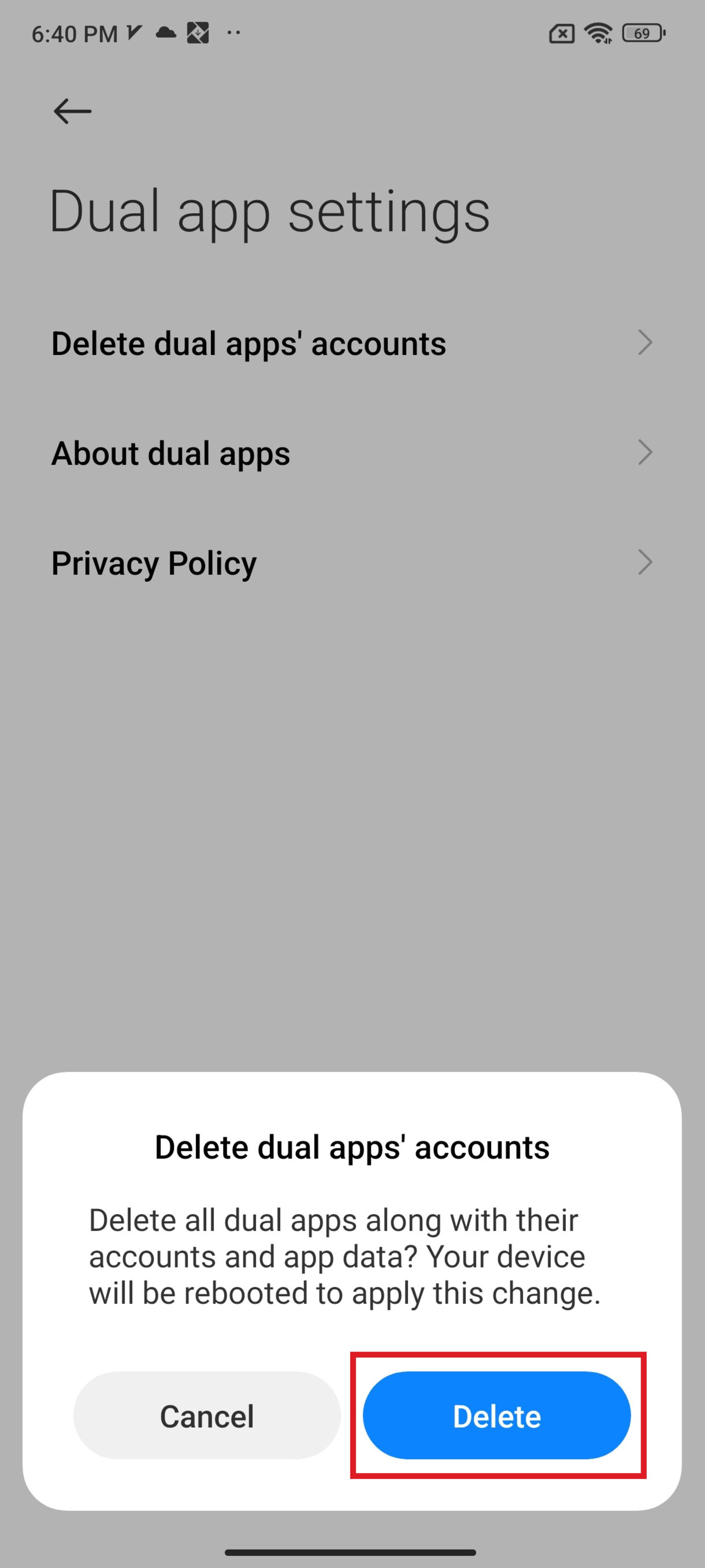 پنجره‌ی Delete dual app accounts