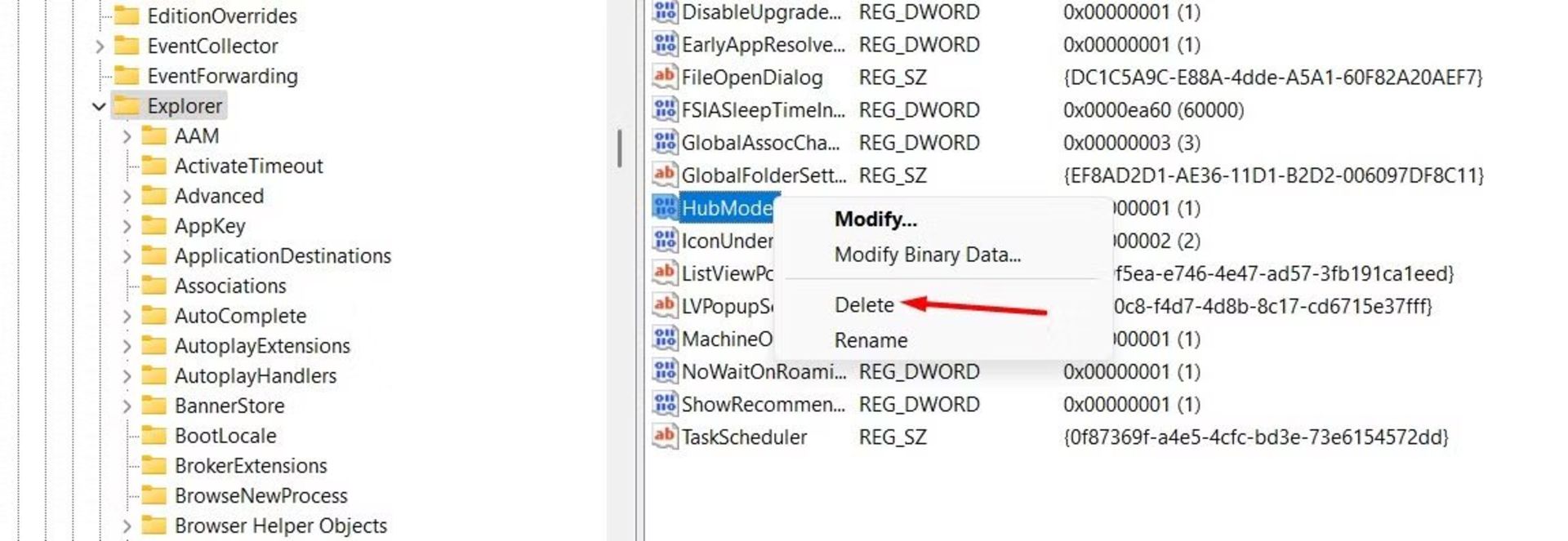 حذف Options از Hubmod در رجیستری ویندوز ۱۱