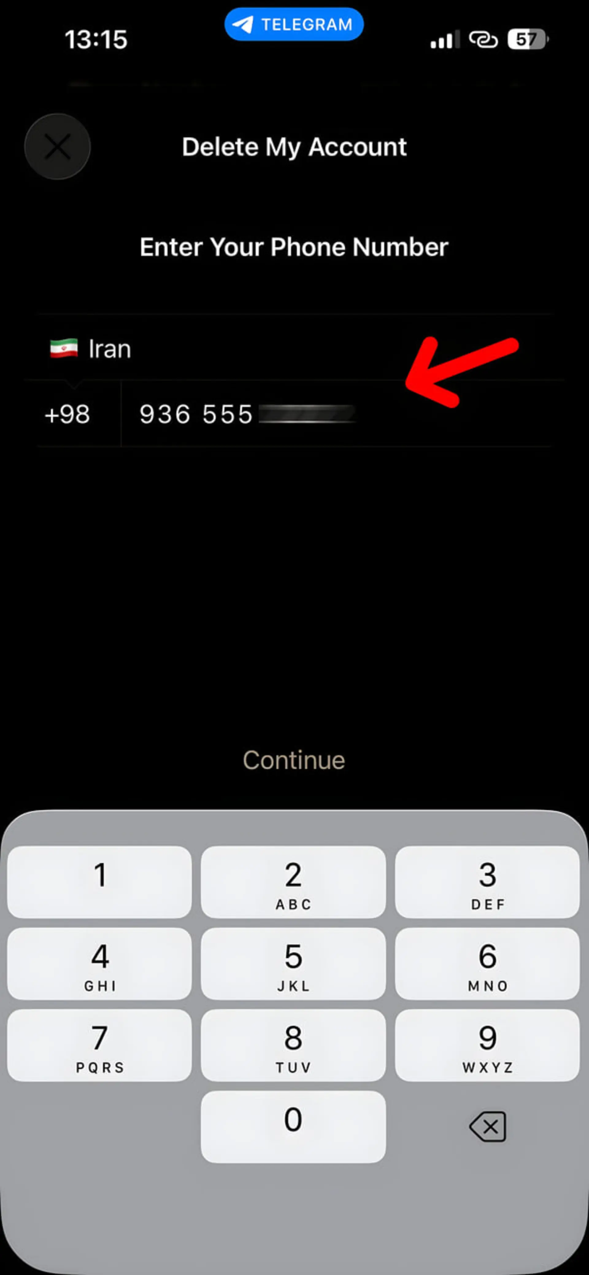 صفحه دیلیت اکانت (Delete My Account) در اپلیکیشن تلگرام (Telegram)