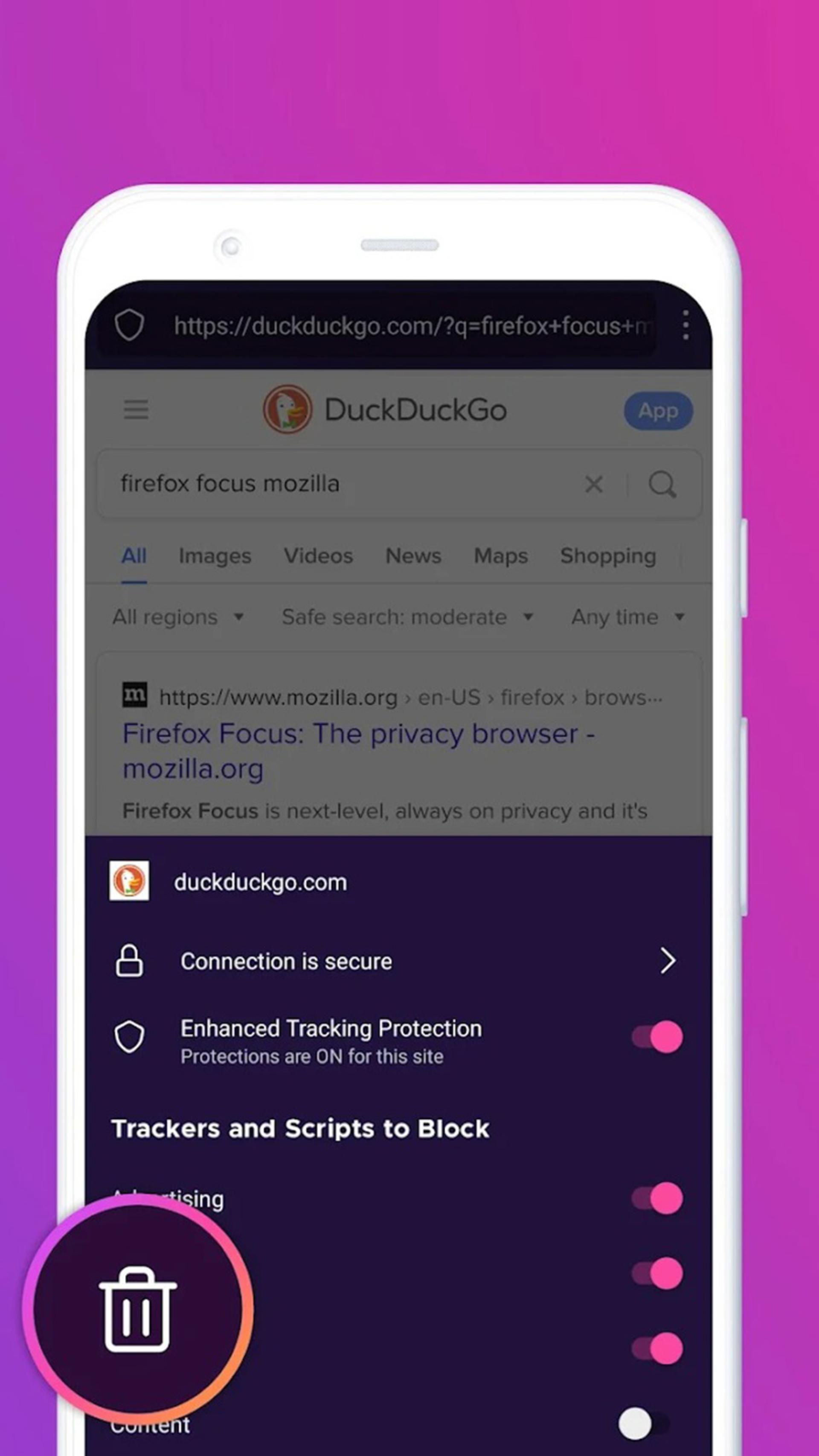 قابلیت پاک کردن آسان تاریخچه مرورگر Firefox Focus روی گوشی