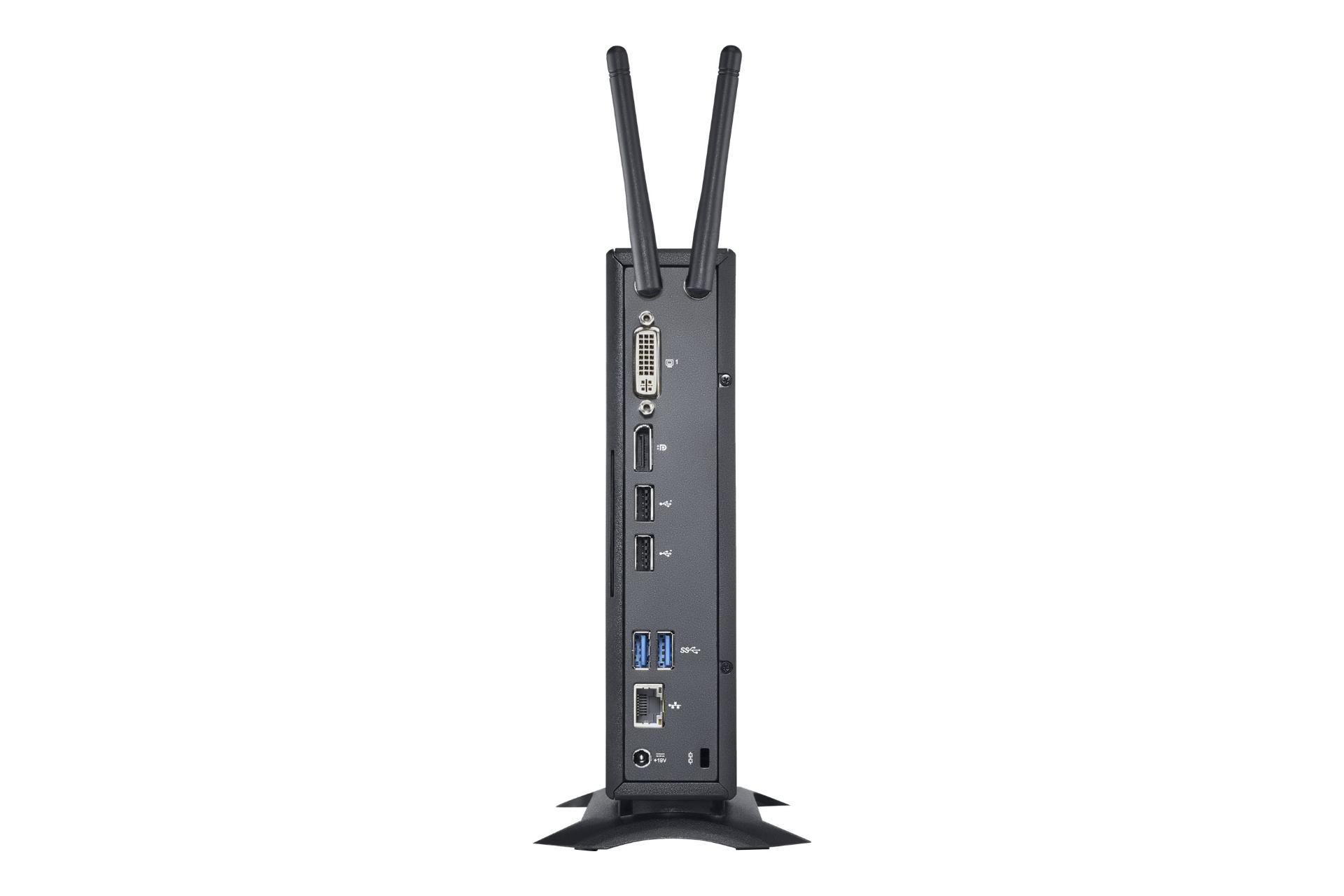 پنل پشت کامپیوتر کوچک Dell Wyse 7010 و نمایش درگاه‌های پنل پشت و دو آنتن وای فای و خروجی هوای دستگاه