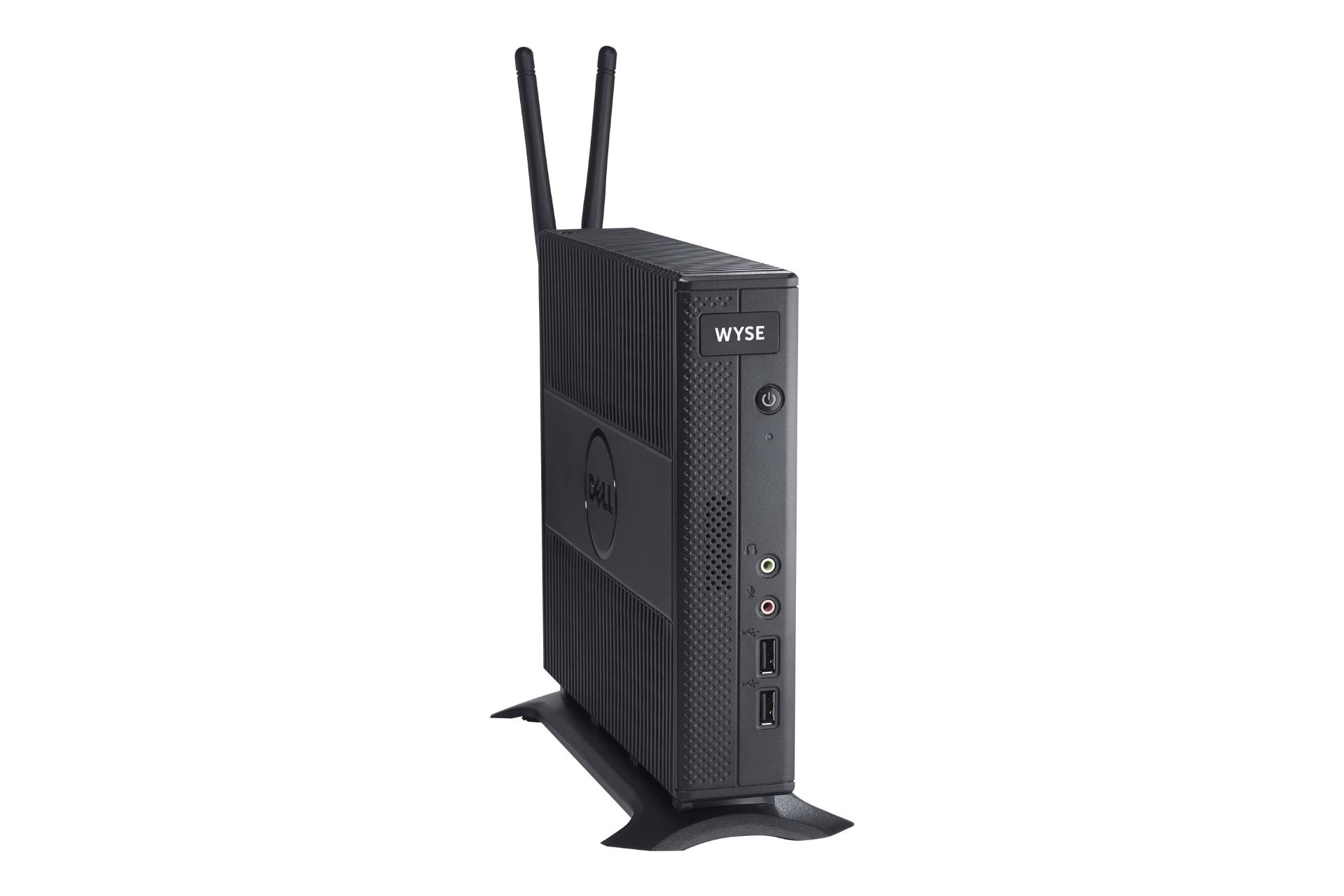 پنل چپ کامپیوتر کوچک Dell Wyse 7010 و نمایش درگاه‌های پنل جلو و دو آنتن وای فای و خروجی هوای دستگاه