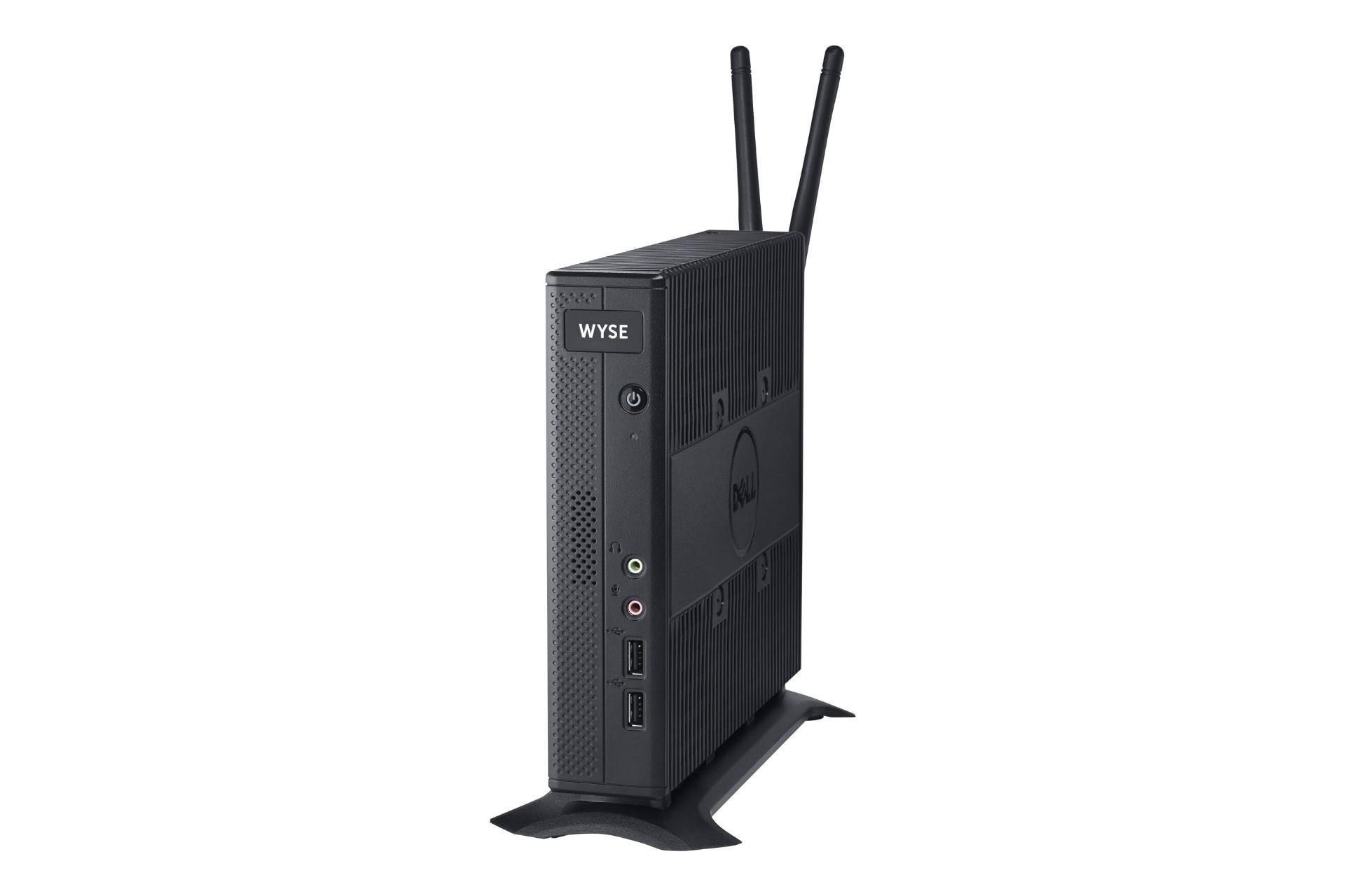 پنل راست کامپیوتر کوچک Dell Wyse 7010 و نمایش درگاه‌های پنل جلو و دو آنتن وای فای و خروجی هوای دستگاه