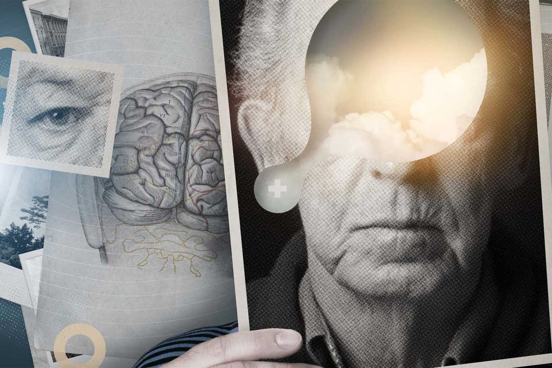 کلاژهایی از چهره مرد مسن مبتلا به آلزایمر، مغز و چشم انسان
