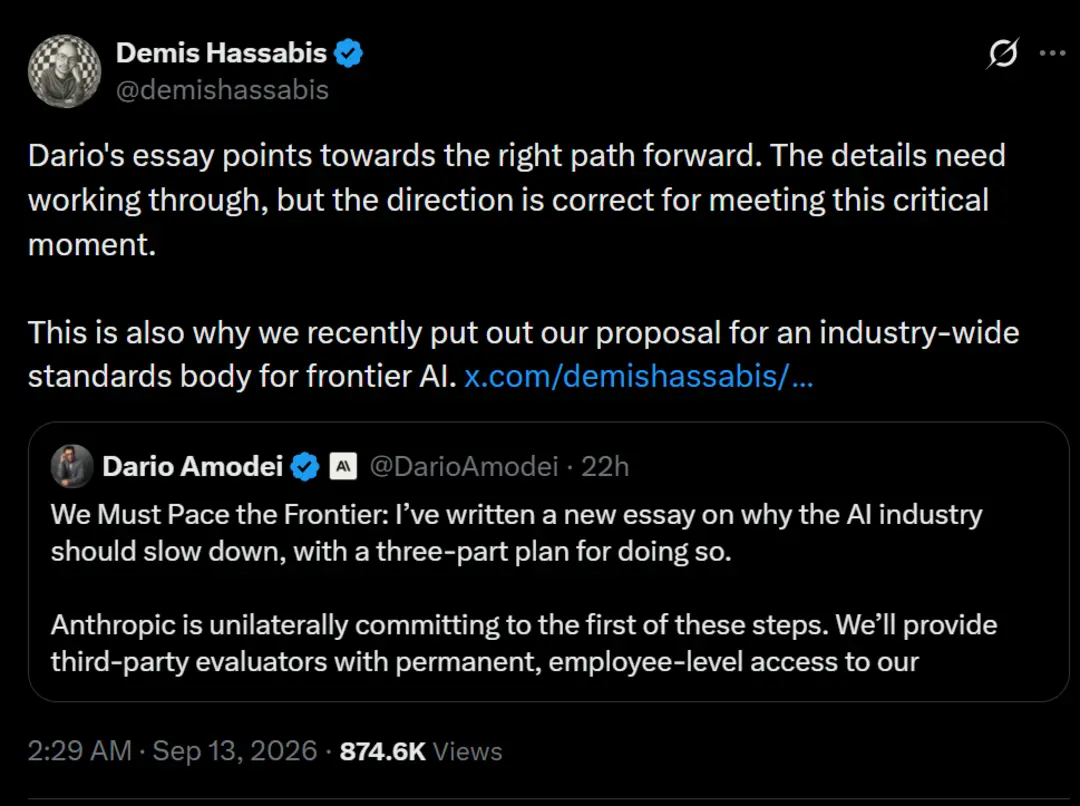 متن توییت دِمیس هاسابیس (Demis Hassabis) در پاسخ به نوشته‌ی داریو آمودی (Dario Amodei)