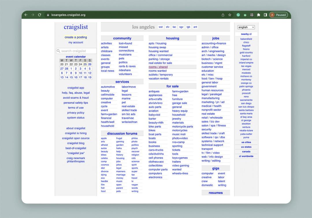 صفحه اول وبسایت Craigslist 