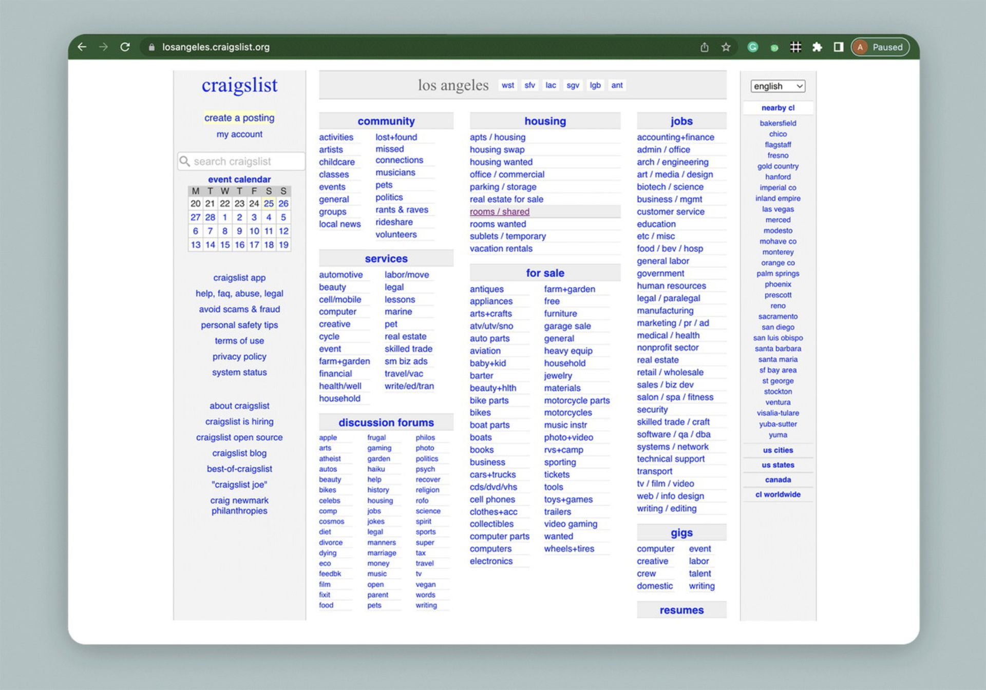 صفحه اول وبسایت Craigslist 