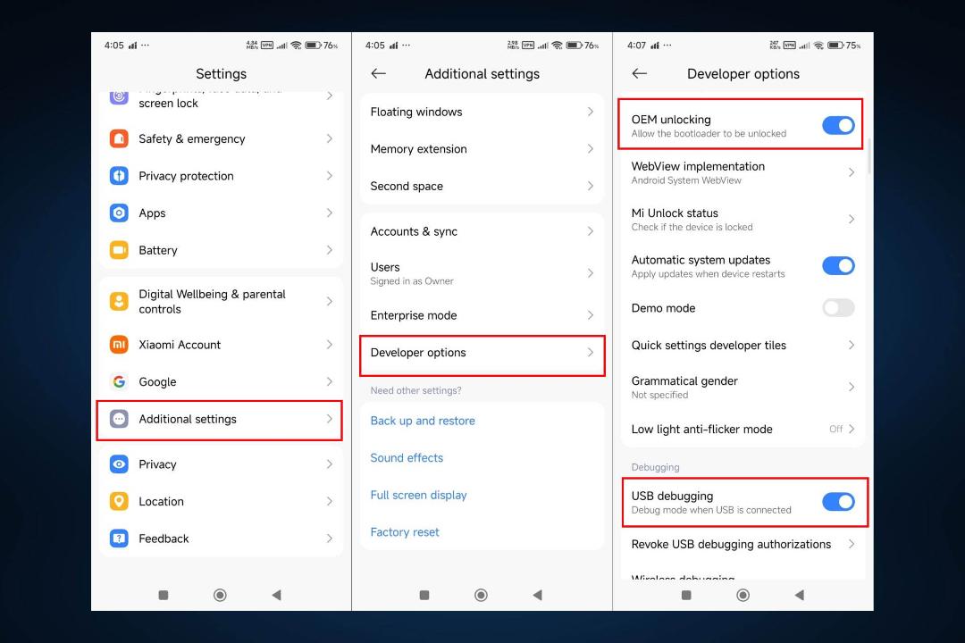 رفتن به Developer options و فعال کردن oem unlocking و usb debugging