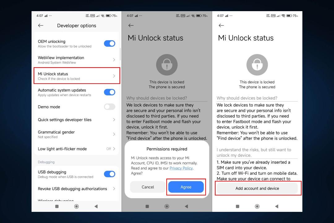 کلیک روی mi unlock status و اضافه کردن اکانت شیائومی