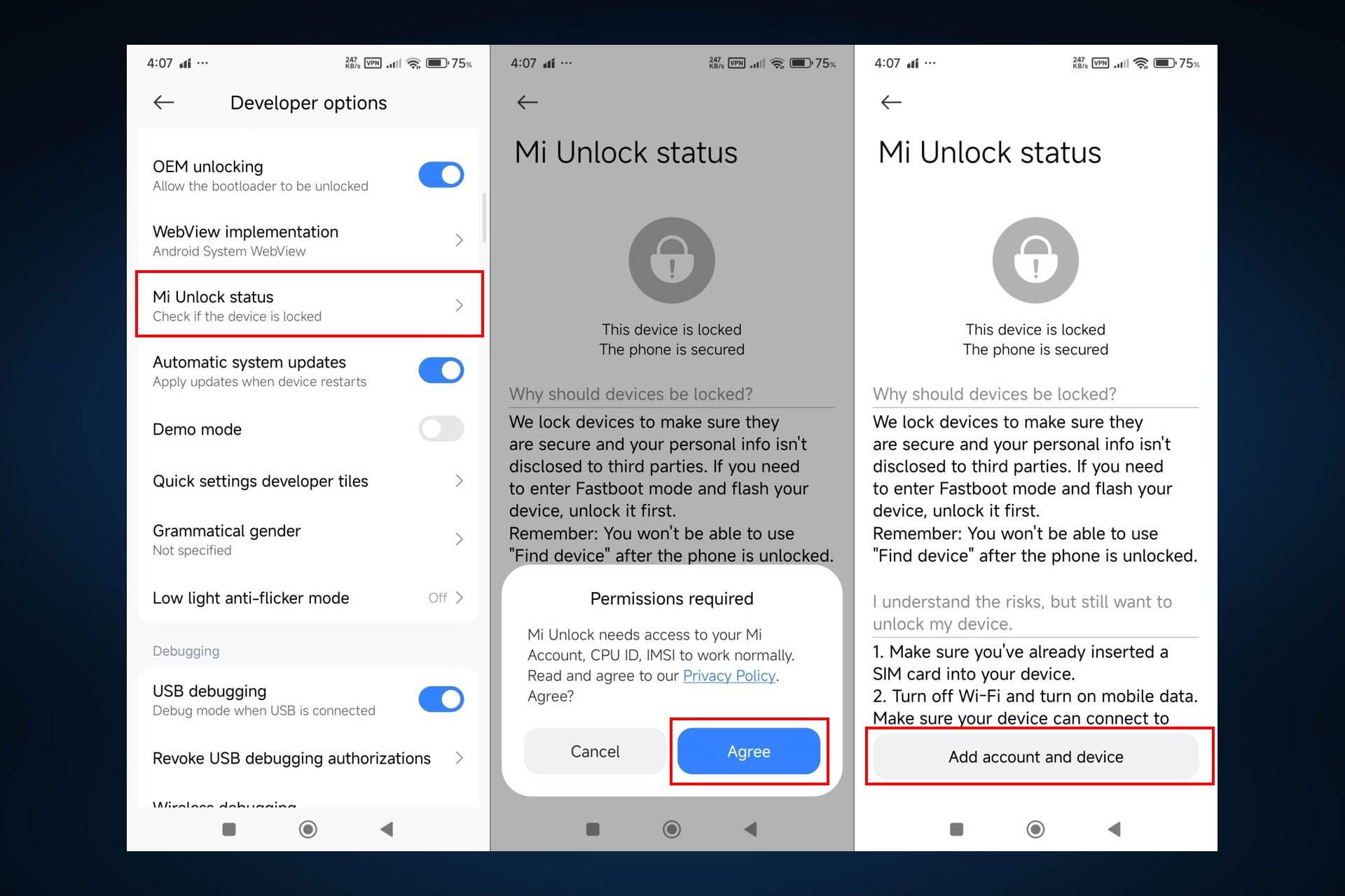کلیک روی mi unlock status و اضافه کردن اکانت شیائومی