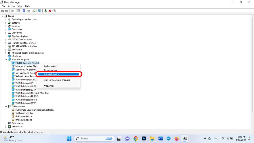 نصب دوباره Network Adapter Driver