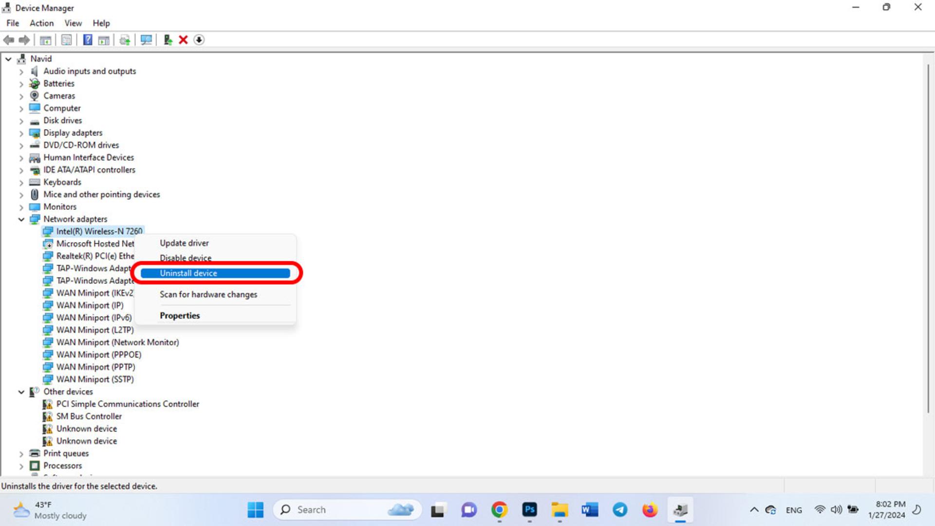 نصب دوباره Network Adapter Driver