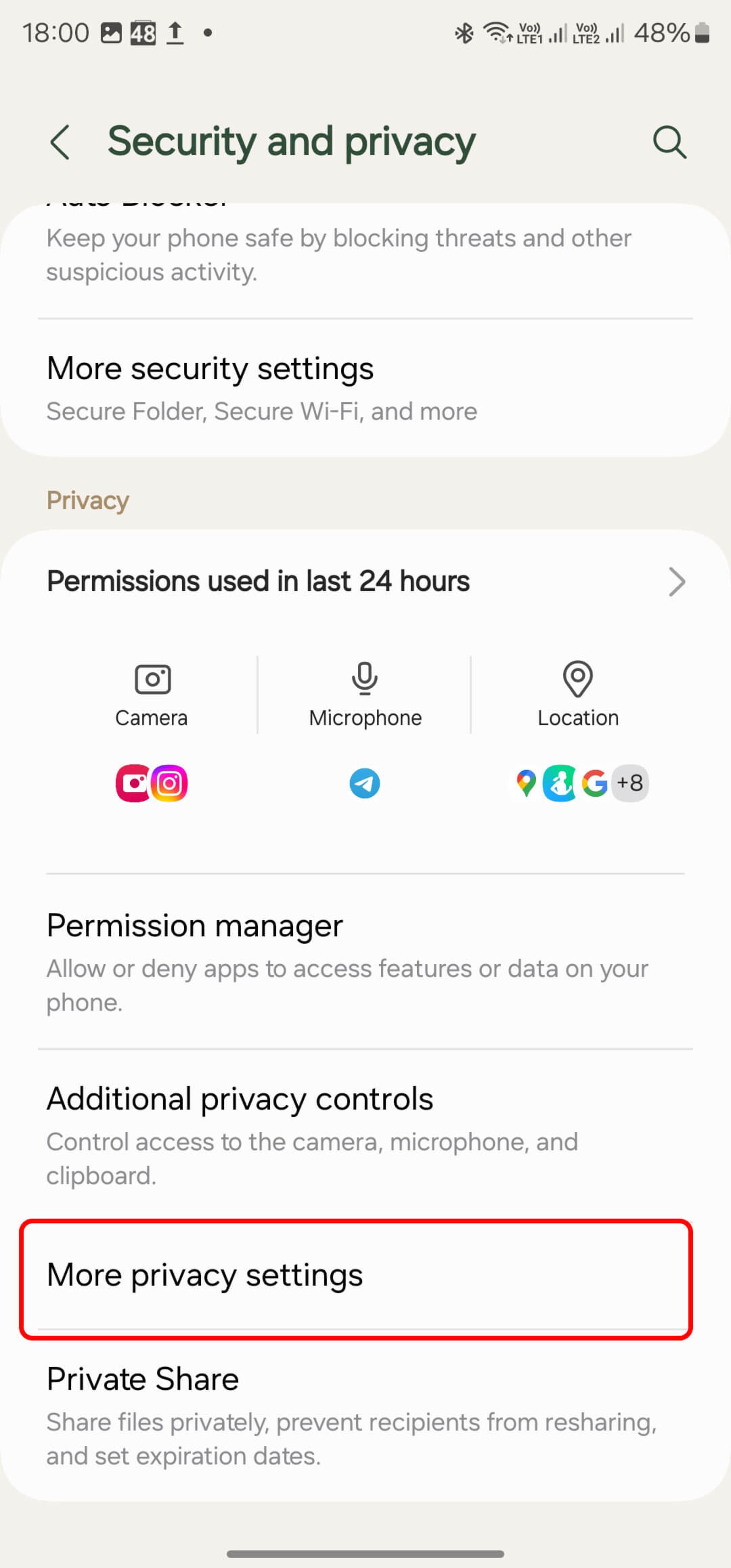 صفحه security and privacy و زدن گزینه more privacy settings